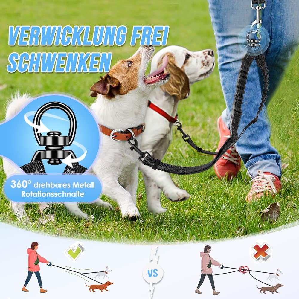 Detalle 2 de Nasjac Doppelte Hundeleine – 360° drehbarer Splitter, verstellbar, reflektierend, stoßdämpfend für Zwei Hunde