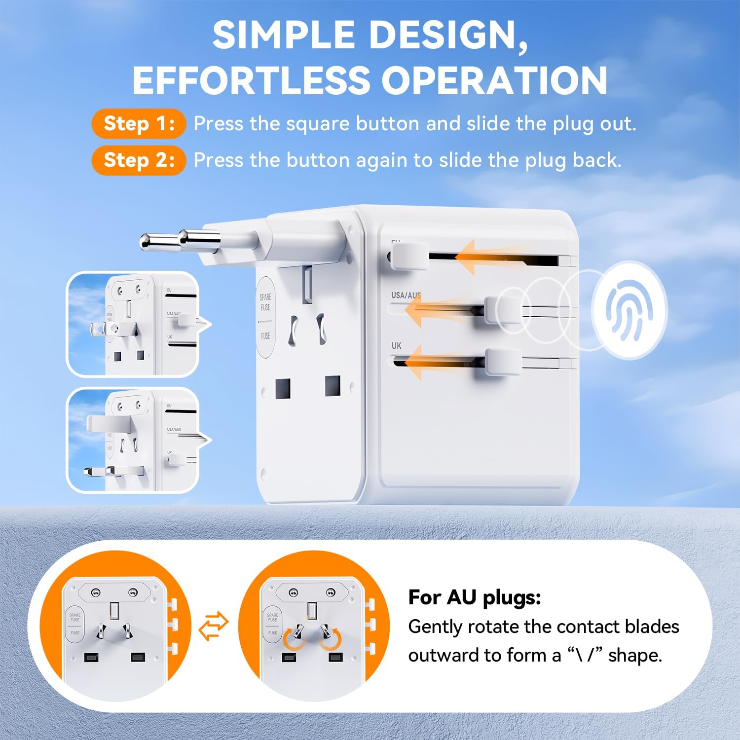 Detalle de Auxmir Adaptateur Prise Universelle avec 2 USB‑C et 2 USB‑A — Charge rapide 25W et 5 en 1 pour voyages