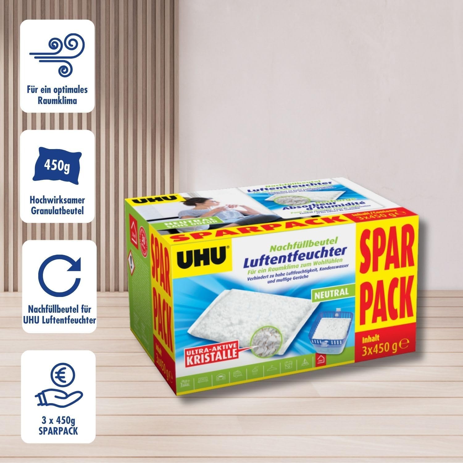 Detalle de UHU Luftentfeuchter Nachfüll-Beutel 3x450 g – Leistungsstarke Feuchtigkeitsaufnahme ohne Energieverbrauch