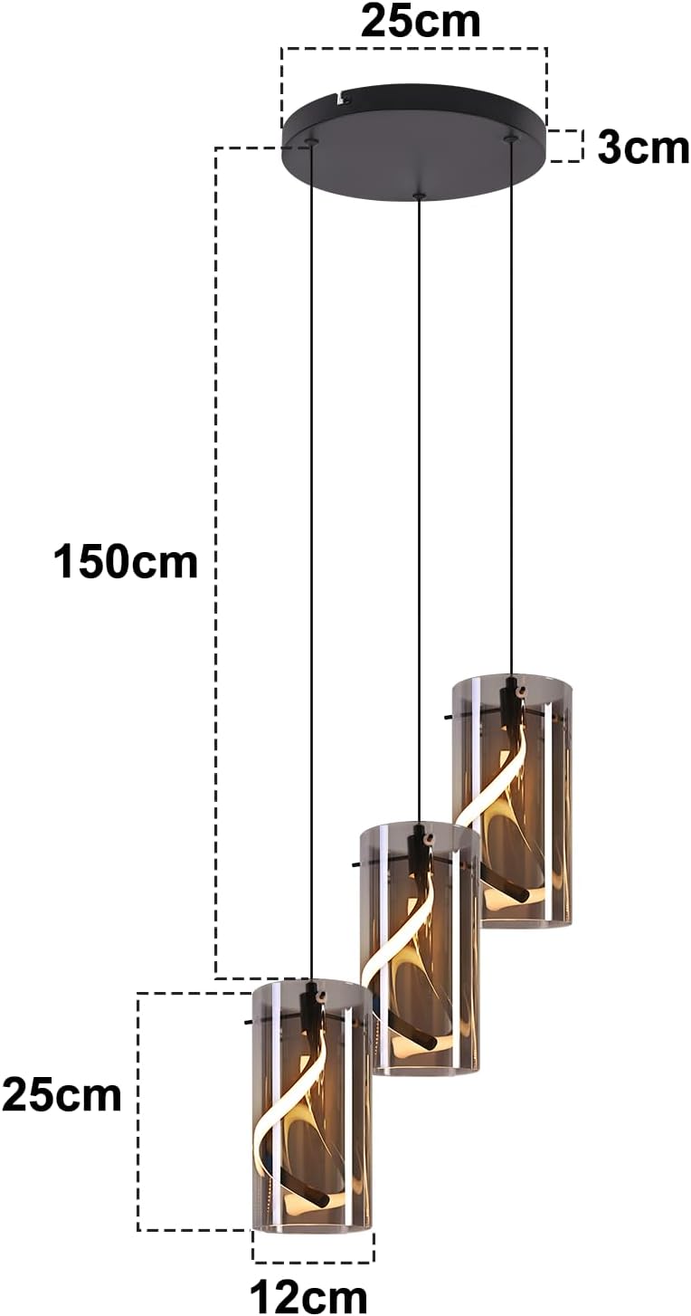 Detalle de Laittiin LED Pendelleuchte Esstisch – Vintage-Glas-Hängeleuchte, 3-flammig, 33W, Rauchgrau, höhenverstellbar