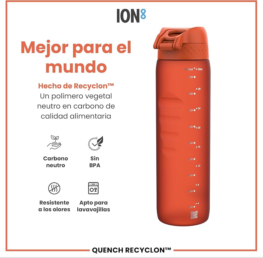Detalle 1 de ion8 Botella de Agua 1 L, a prueba de fugas, naranja