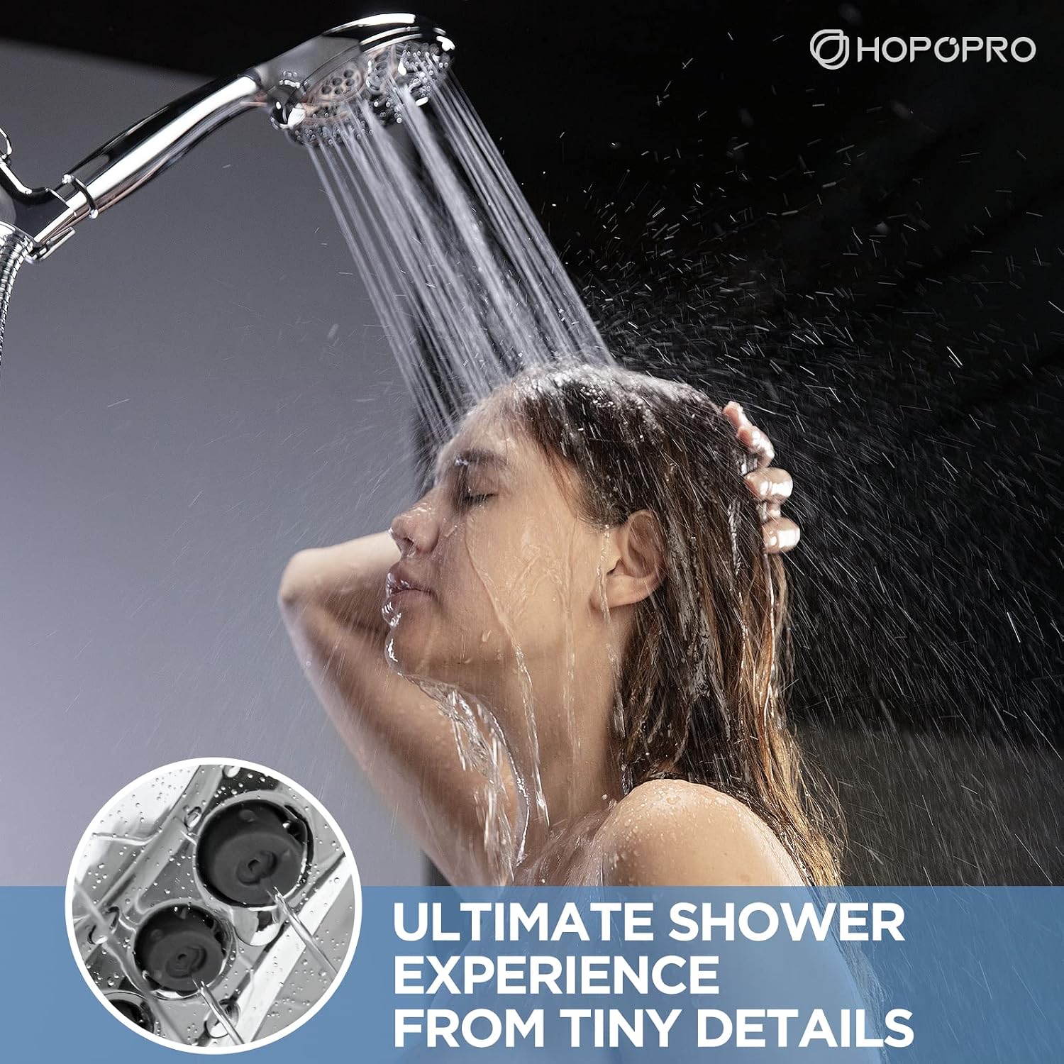 Detalle de HOPOPRO HS6700CP Handheld Showerhead Set, 6 Spray Modes, Chrome Finish