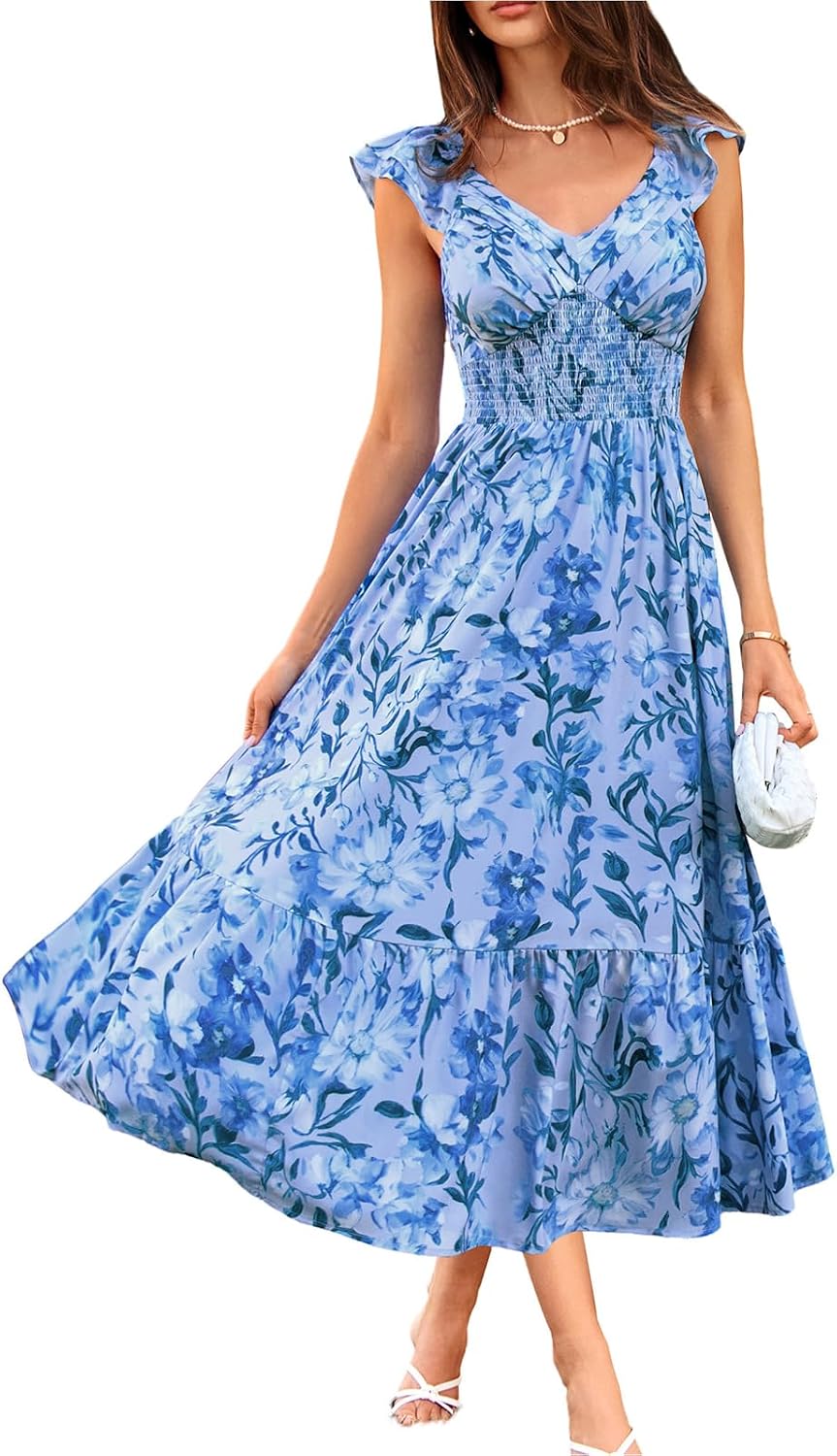Detalle de GRACE KARIN Damen Blumenkleid mit V-Ausschnitt, Rüschenärmel und Tasche – Sommer-Maxikleid