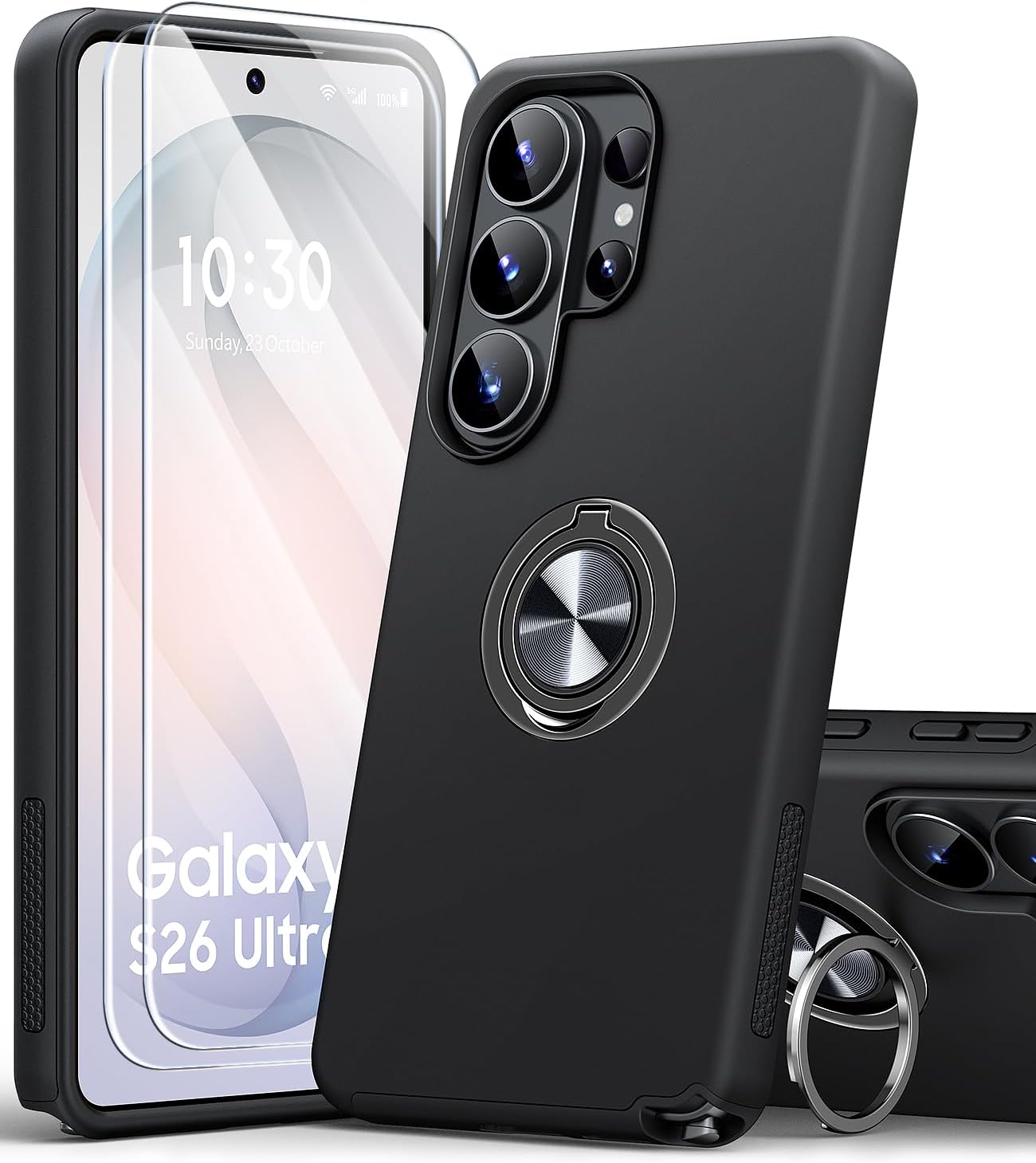 Detalle de AOUIA S26 Ultra Case with 2-Pack Screen Protectors and Rotating Ring Stand for Samsung Galaxy S26 Ultra