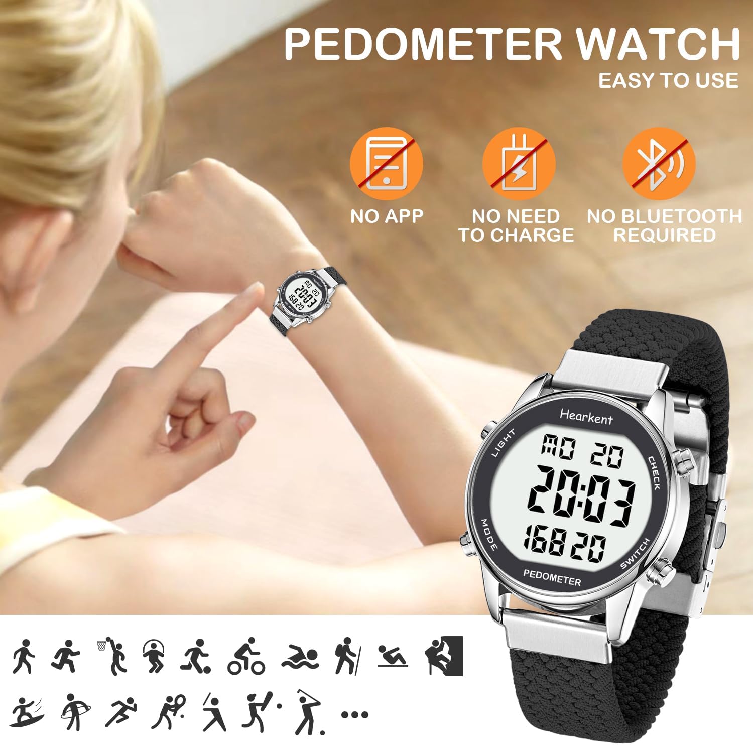 Detalle 2 de Hearkent Pedometer Watch for Women: Non-Bluetooth Step Tracker with 30M Waterproofing