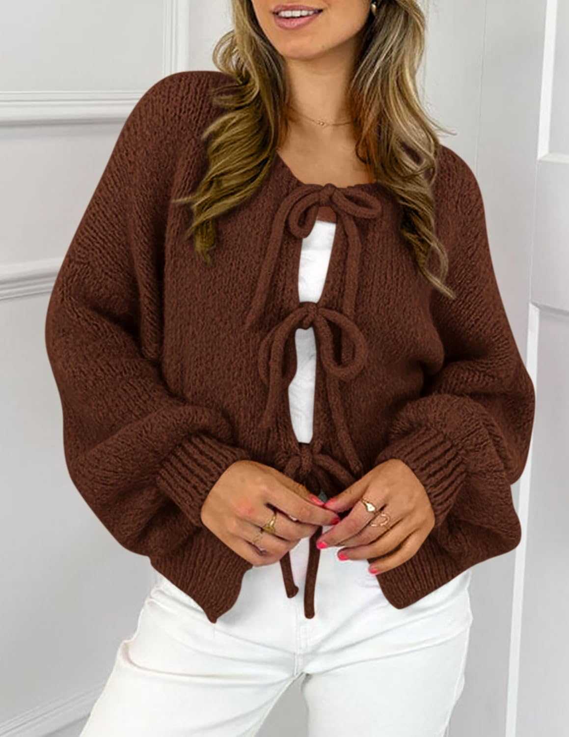 Thumbnail 3 de PRETTYGARDEN Tie Front Bow Cardigan Sizing