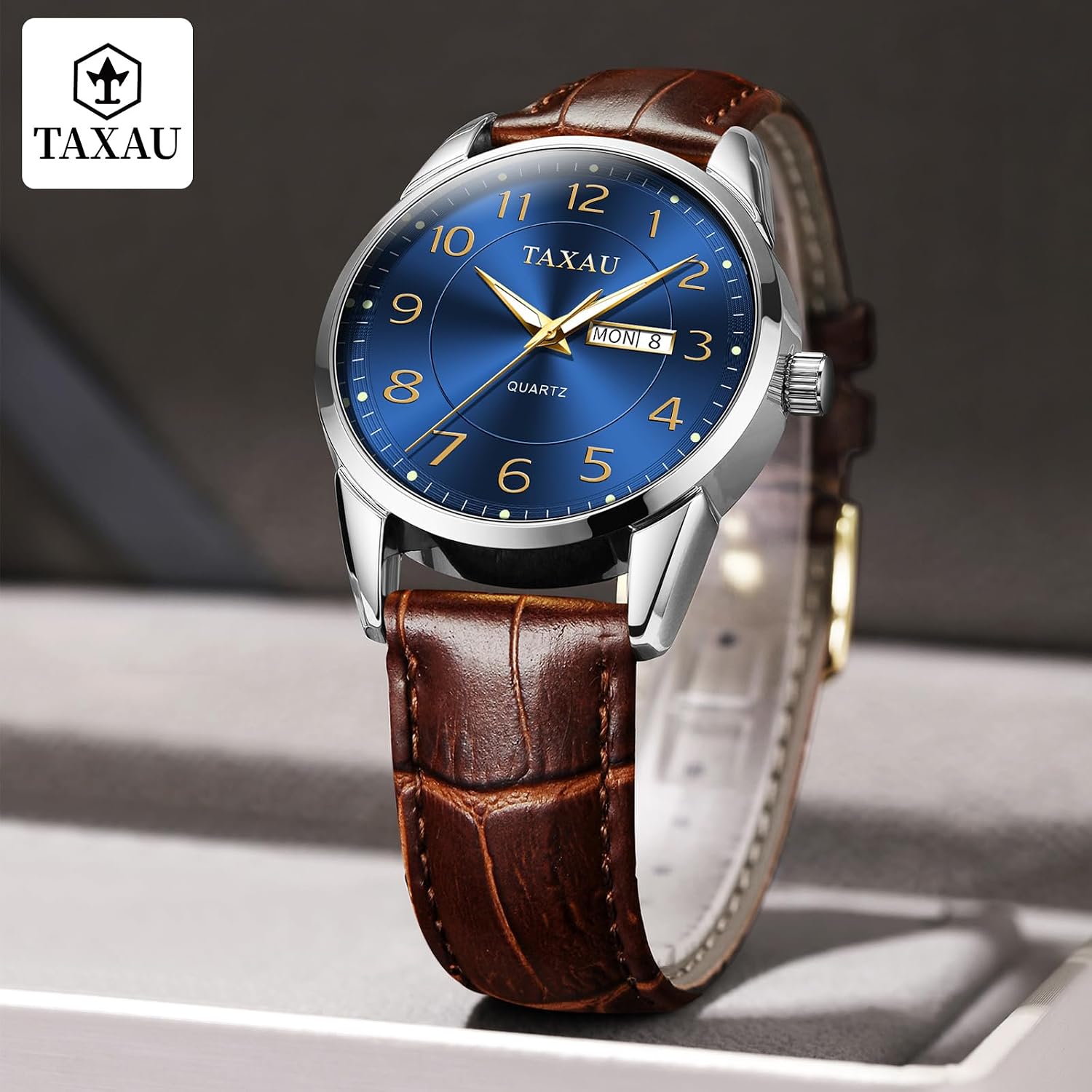 Thumbnail 1 de Taxau Klassische Lederuhr für Herren – Analog, Quarz, Big Dial mit Lumen- & Day-Date-Anzeige
