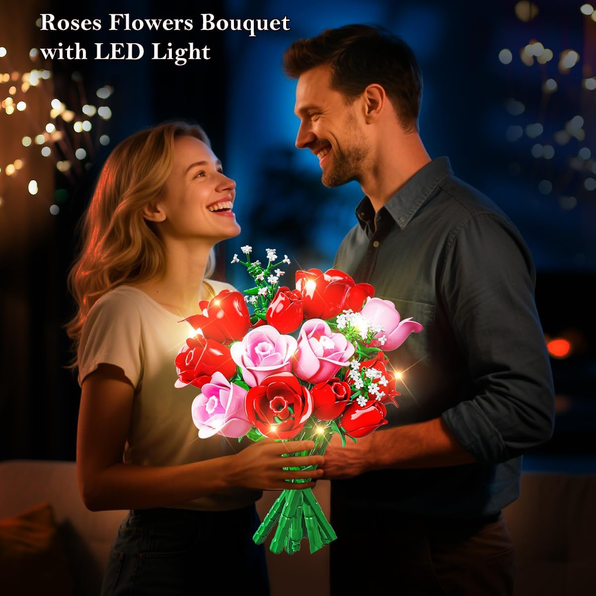 Thumbnail 1 de HOGOKIDS Blumenstrauß-Bausatz mit Lichtern – 16 künstliche Rosen, LED-Beleuchtung, 387 Teile (Rosa)
