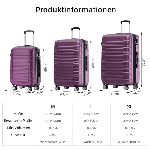 Thumbnail 6 de BEIBYE Reisekoffer 2088 Hartschalekoffer – M Größe (55 × 39 × 23 cm), 45 L bis 65 L dank Dehnfuge, Lila