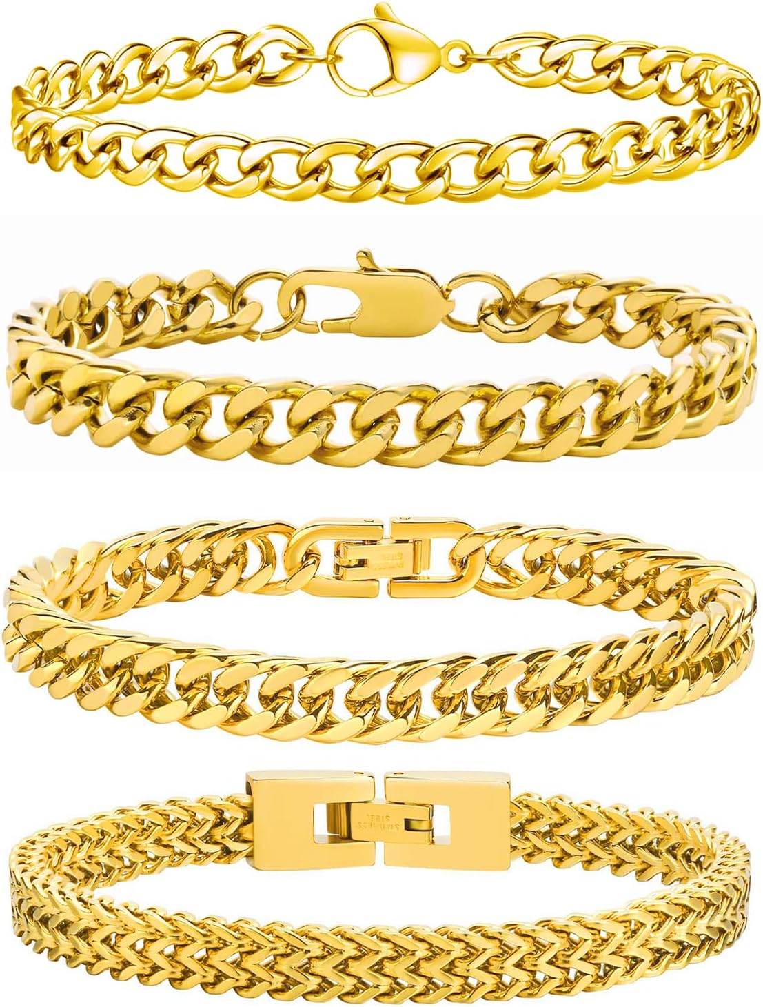 Detalle de Esmoly set 4 bracciali da uomo in acciaio 316L argento/oro/nero, maglia cubana – lunghezze 19/21/23 cm
