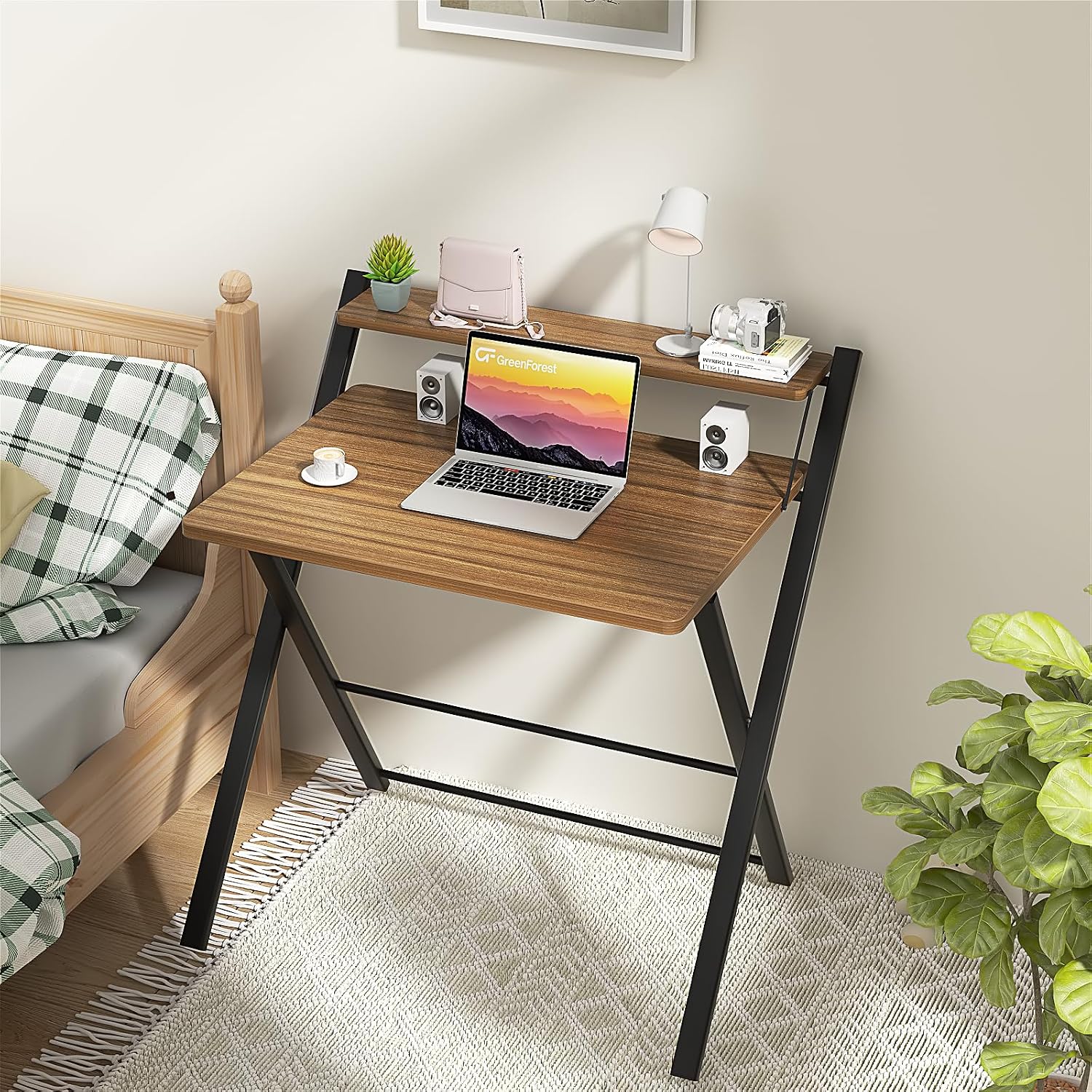 Detalle 2 de GreenForest Escritorio Plegable con Estante - Café Expreso 🖥