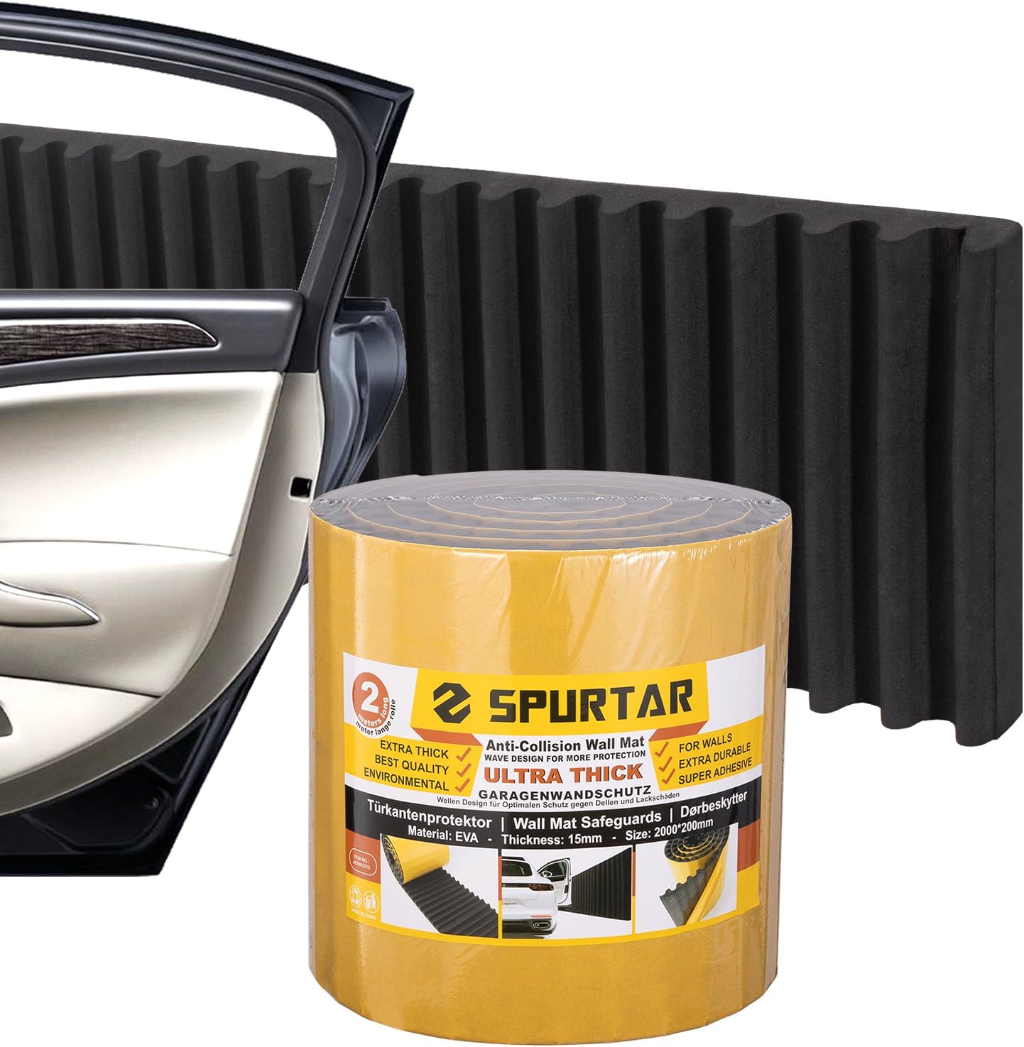 Spurtar Garagen-Wandschutz & Kantenschutz selbstklebend (Wandschutzfolie) für Tür- und Wandkanten, Schwarz – 2 m x 20 cm x 1,5 cm