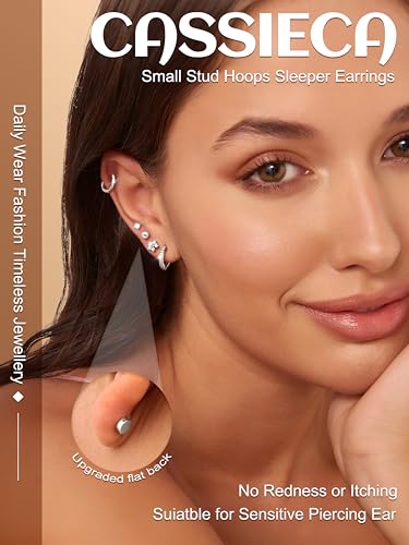 Detalle de CASSIECA 12 Pairs Silver Earrings – Hypoallergenic Flat Back Studs & Hoops
