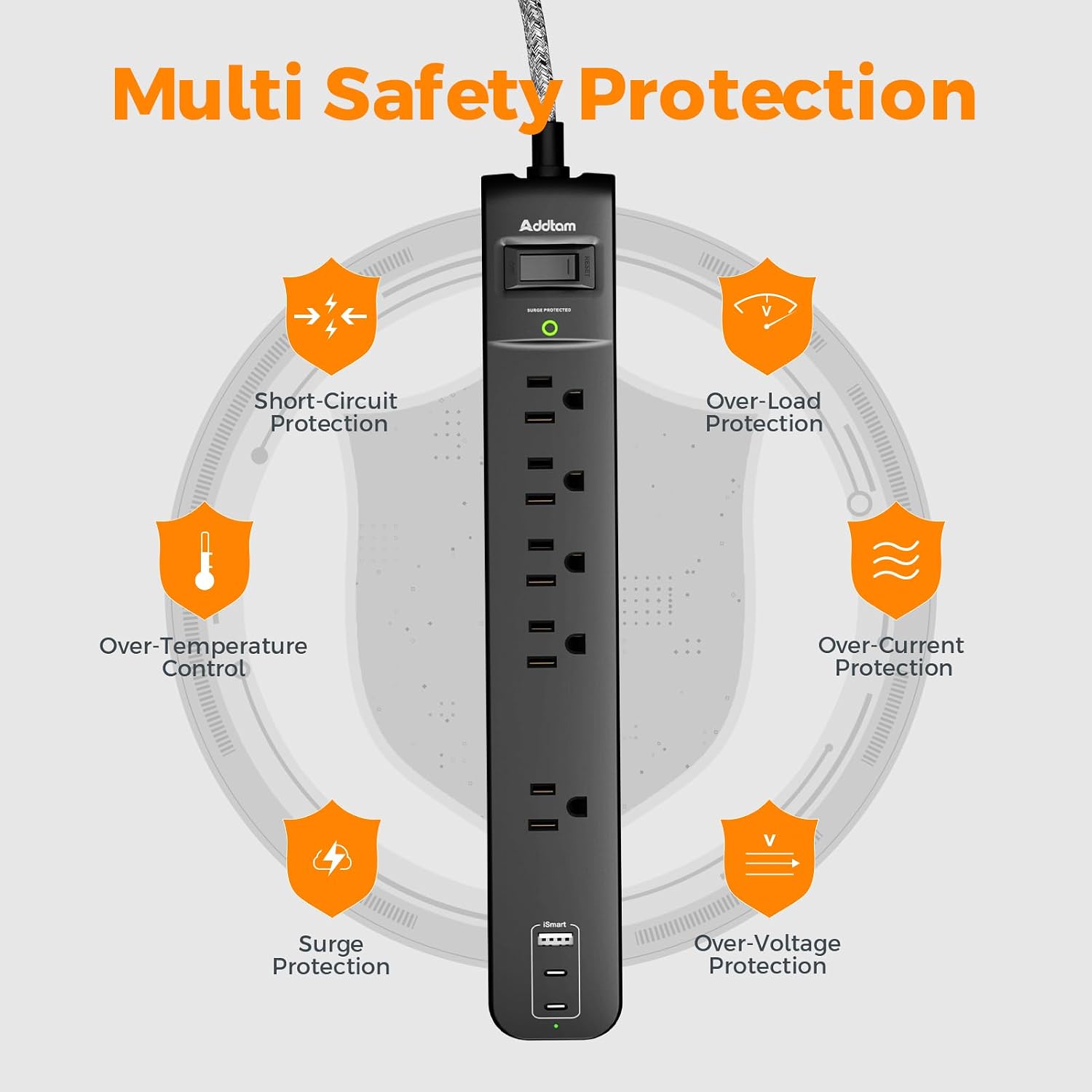 Thumbnail 6 de Addtam AD9110 Surge Protector Power Strip, 10-Ft Cord, 5 Outlets, 3 USB, 2-Pack