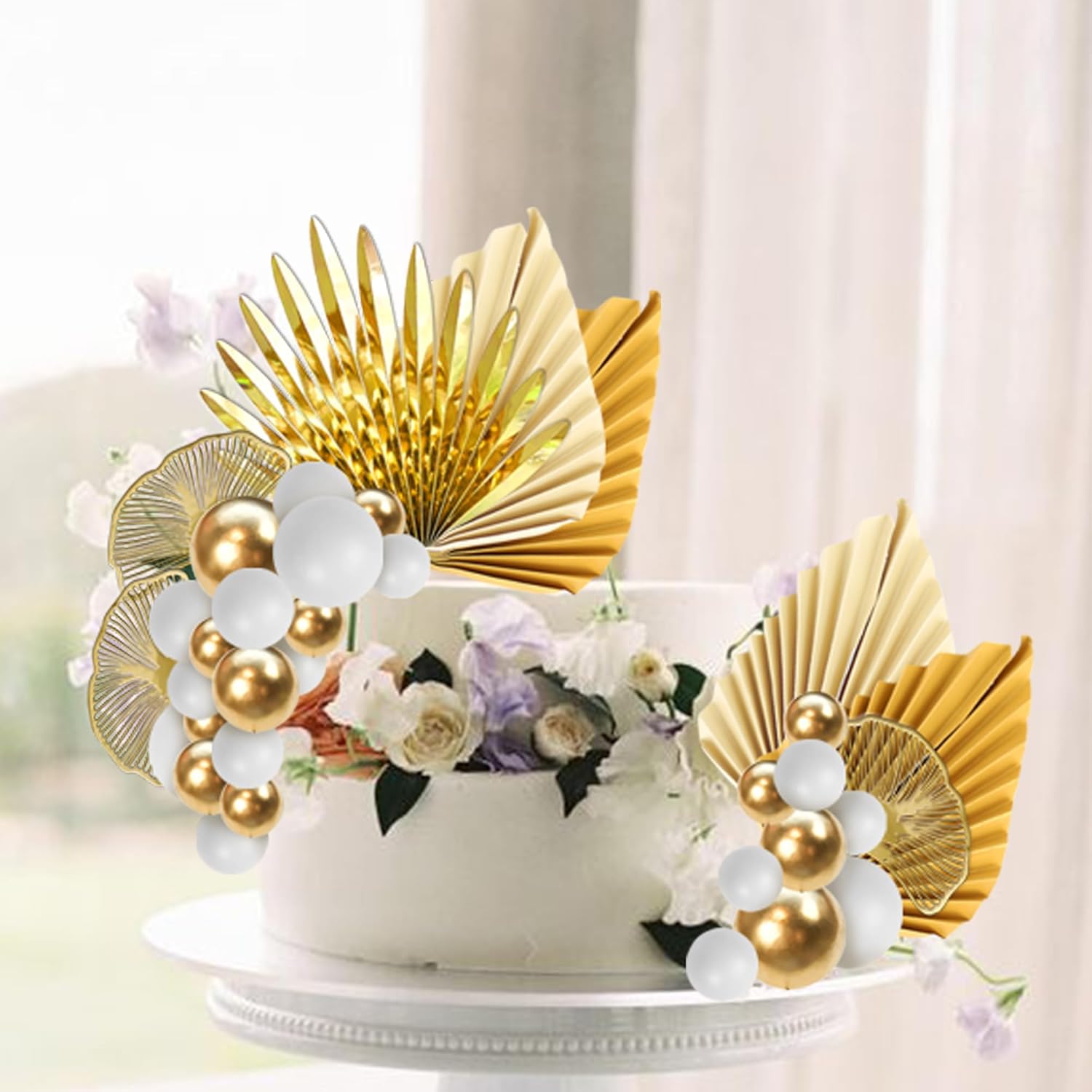 Detalle de Xsstarmi 33 Pack Gold Paper Palm Fan Cake Decorations
