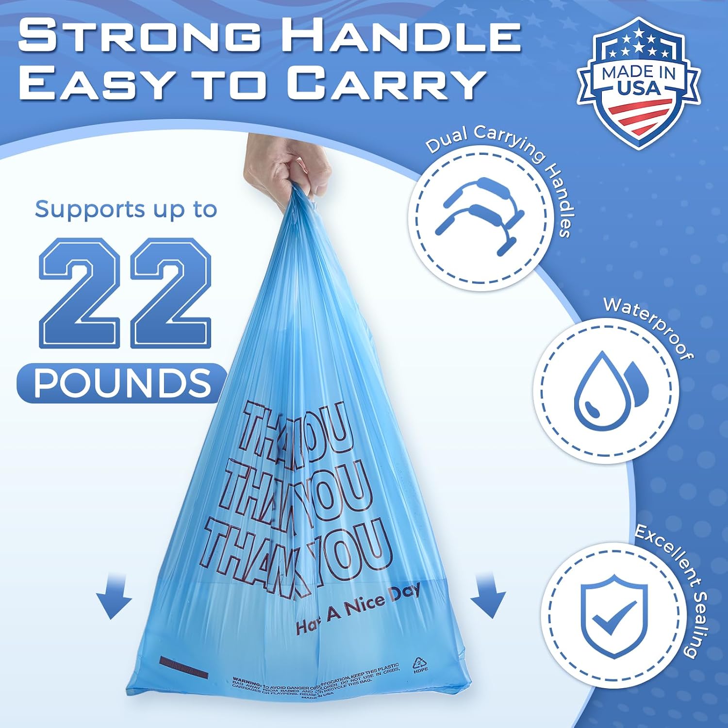 Detalle de Fuxury FU#3062 Thank You T-Shirt Bags, Blue Plastic, 1,000 Count
