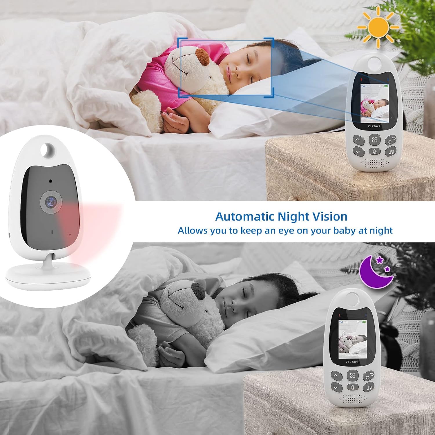 Detalle de TakTark Babyphone vidéo 2,0 pouces LCD avec caméra 2,4 GHz : vision nocturne et communication bidirectionnelle