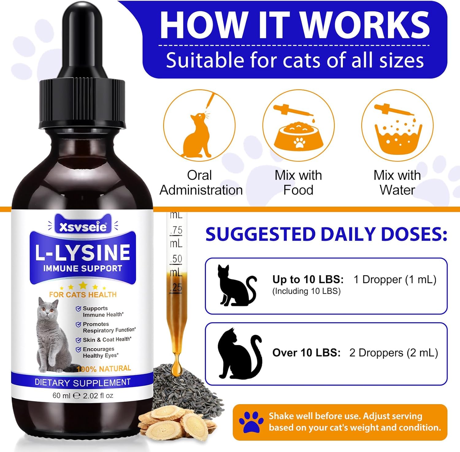 Detalle 2 de L-lisina per gatti: gocce liquide per immunità e salute respiratoria (60 ml) – supporto quotidiano