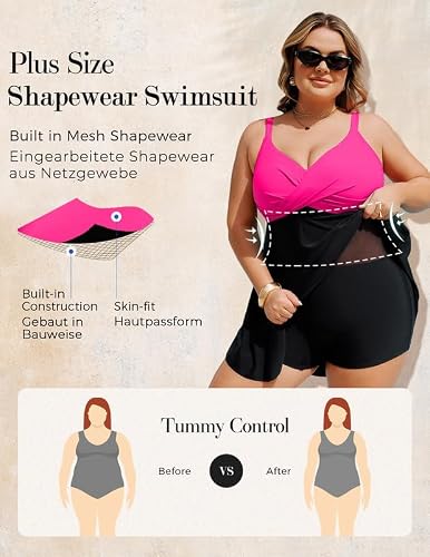 Detalle de Hanna Nikole Women’s Plus Size Skirted One-Piece Swimsuit with Tummy Control & Cross Push-Up