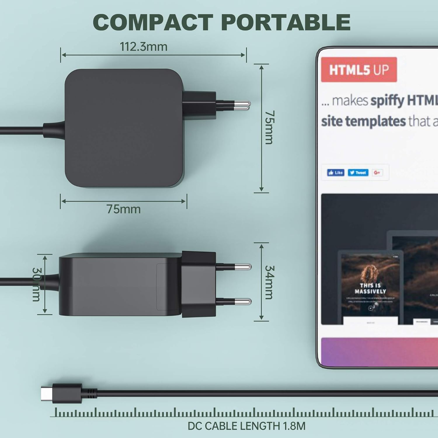 Detalle de Chargeur USB‑C portable 65 W pour ordinateur (MacBook Pro/Air, Zenbook, ThinkPad Yoga, Chromebook, etc.)
