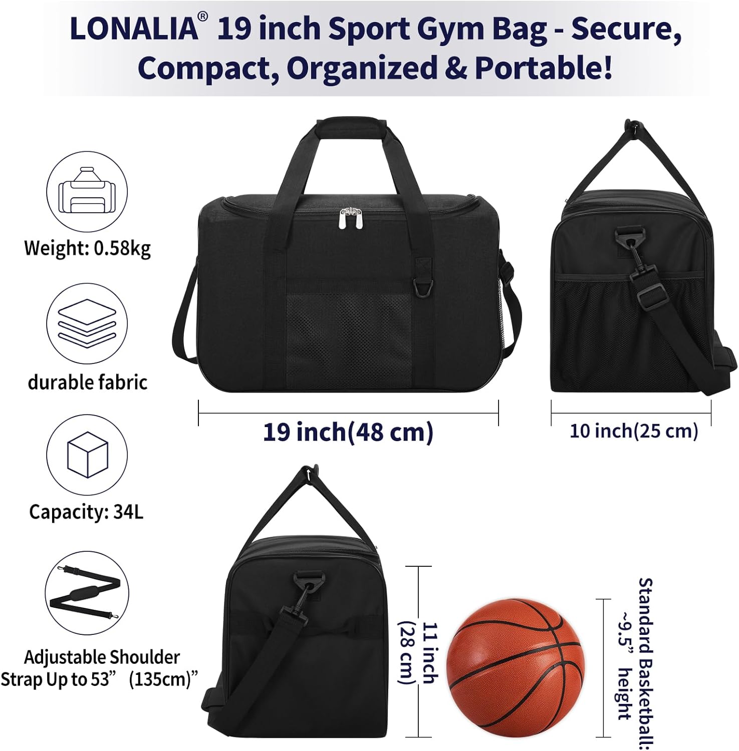 Thumbnail 1 de LONALIA Sac de Sport 34L – 48x25x28 cm, noir: compact et polyvalent