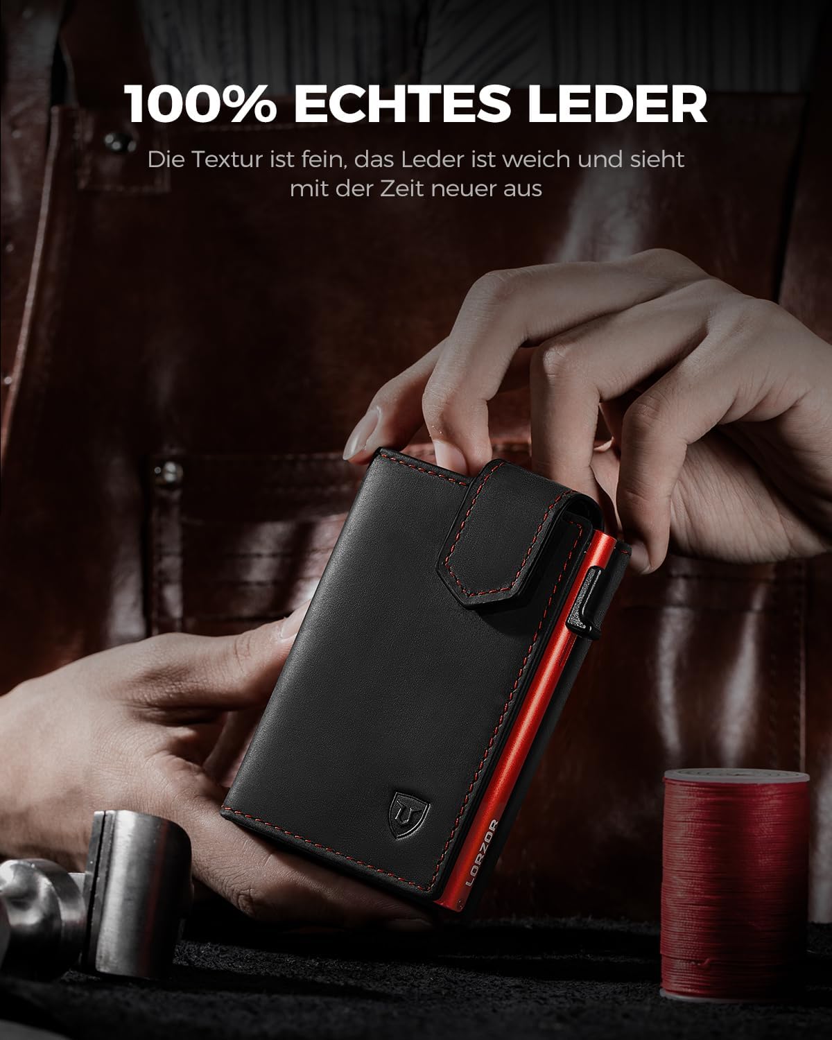 Thumbnail 2 de LORZOR Kartenetui mit Magnetverschluss & RFID-Schutz (rot) – Slim Wallet mit Münzfach für bis zu 10 Karten