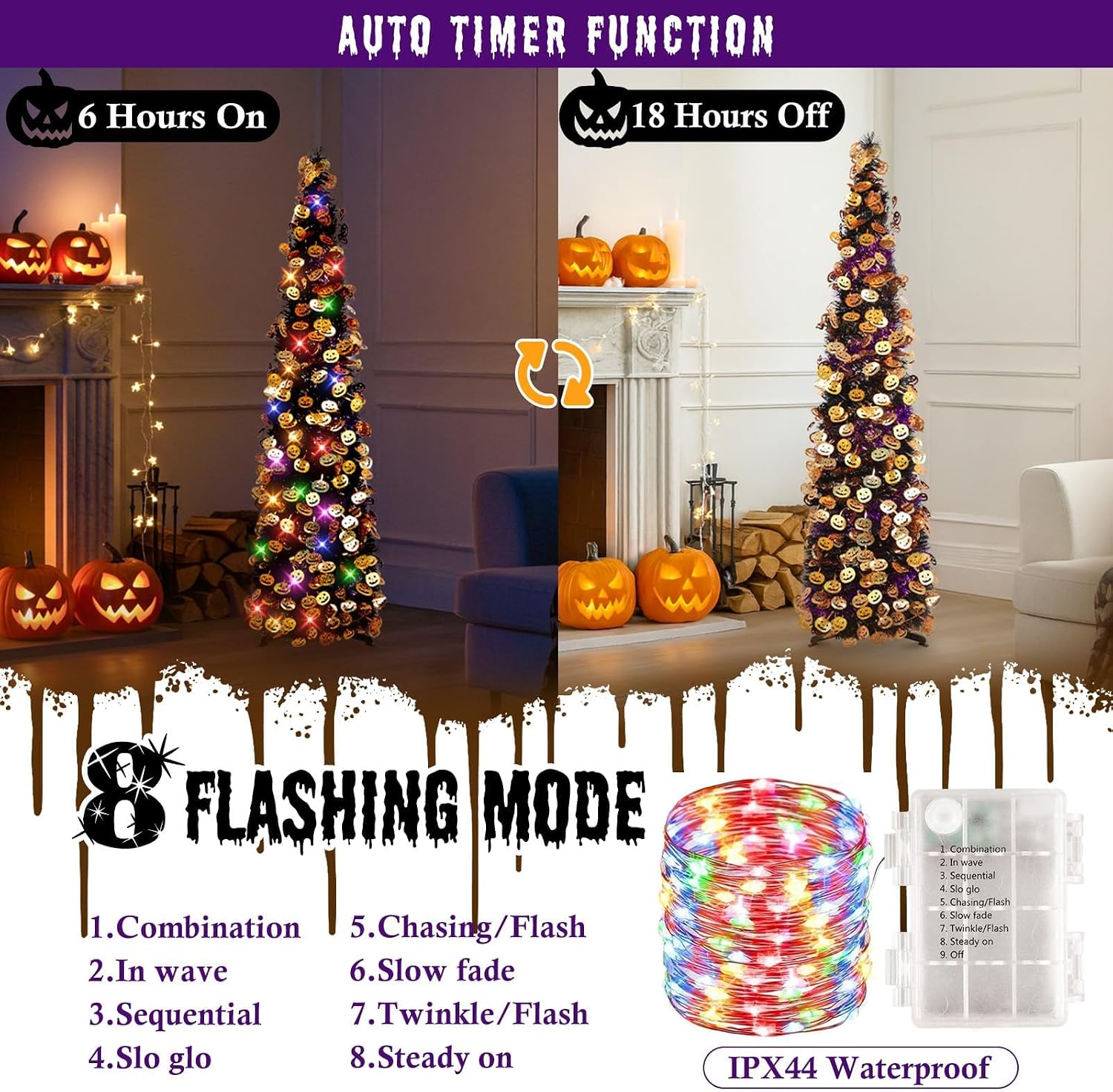 Detalle de N&T NIETING 5-Foot Halloween Tinsel Tree with Pumpkin Accents and Orange LED Lights