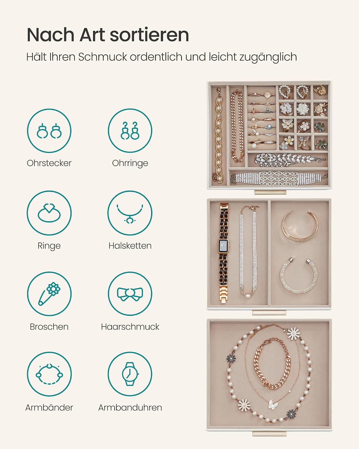Thumbnail 1 de SONGMICS Schmuckkästchen mit Glasdeckel, 3 Ebenen, 2 Schubladen – elegante Aufbewahrung für Schmuckstücke