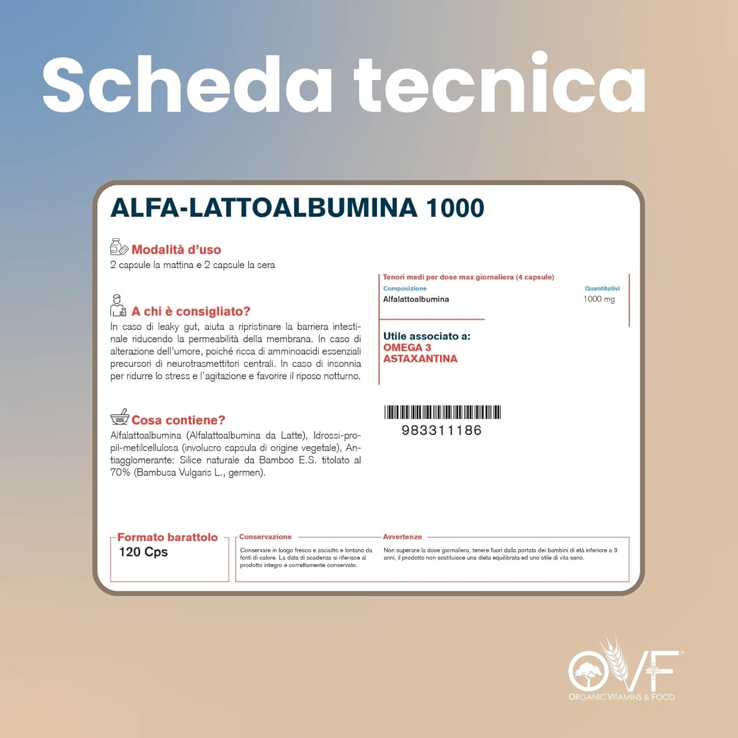 Detalle 2 de OVF Alfa-Lattoalbumina – Capsule vegetali, 120 pezzi da 250 mg, supporta intestino e difese | Made in Italy