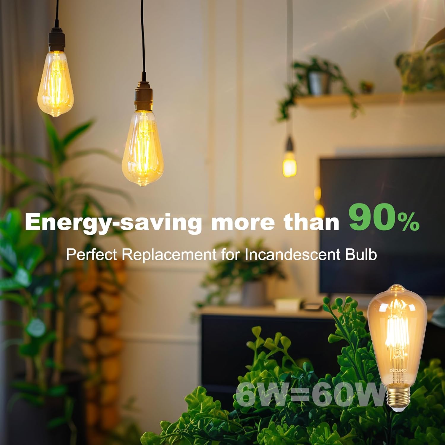 Detalle de DiCUNO Vintage Light Bulb E27 Edison Screw Bulb, 6W Warm Amber Glass, 600LM, Non-Dimmable, ST64 (2 Pack)