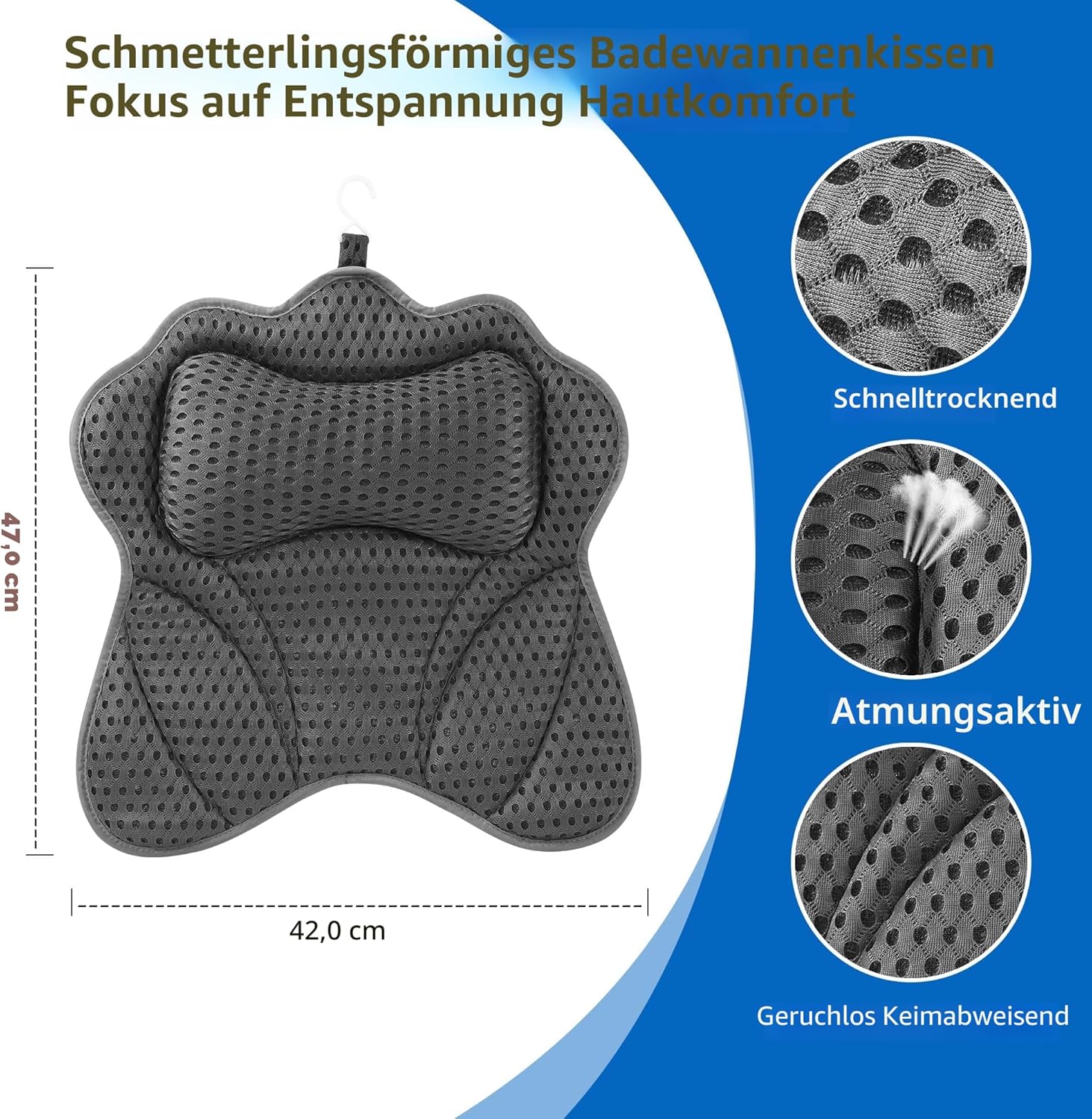 Thumbnail 1 de Badewannenkissen 4D Mesh mit 6 Saugnäpfen – Komfortables Badewannen-Kissen für Nacken, Schultern und Rücken (Grau)