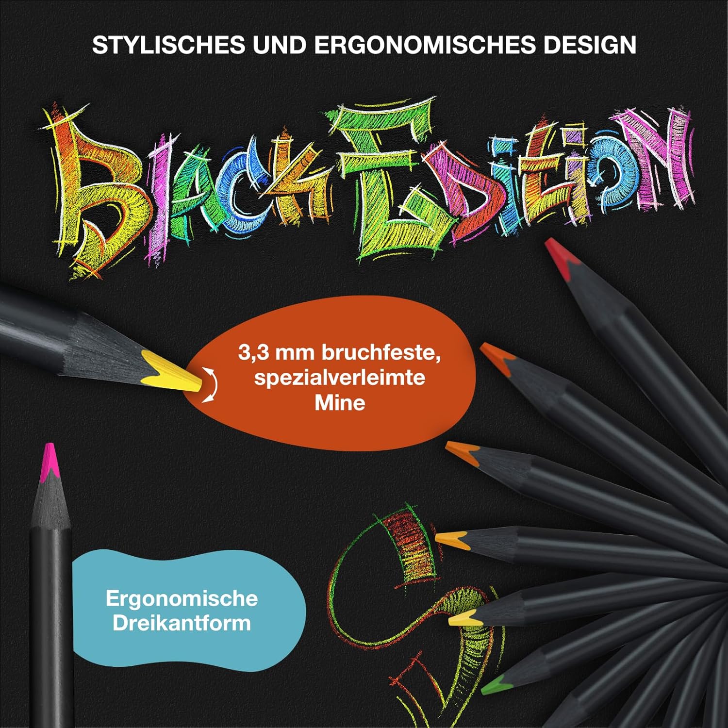 Thumbnail 6 de Faber-Castell 116437 Black Edition Buntstifte 36er Metallbox – Bruchsichere, ergonomische Stifte für helles und dunkles Papier