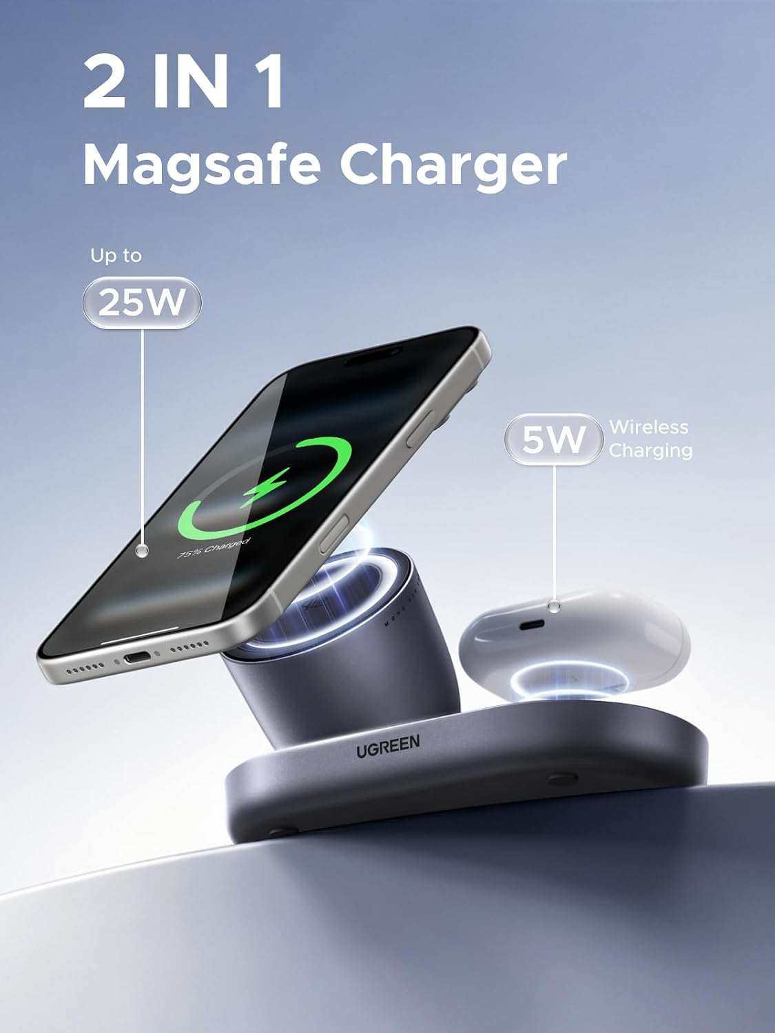 Detalle de UGREEN Zapix Qi2 Certi t ied 25W for MagSafe Charger: 2-in-1 Wireless Stand (Grey)