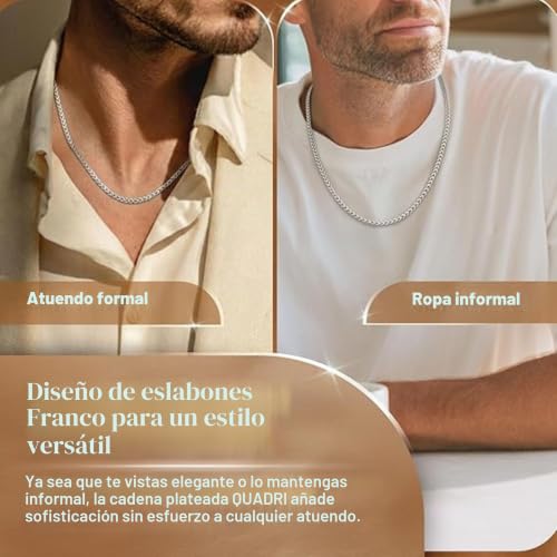 Detalle 2 de QUADRI Collar Hombre y Mujer Plata 925 – Cadena Franco, 51/56/61 cm, Made in Italy