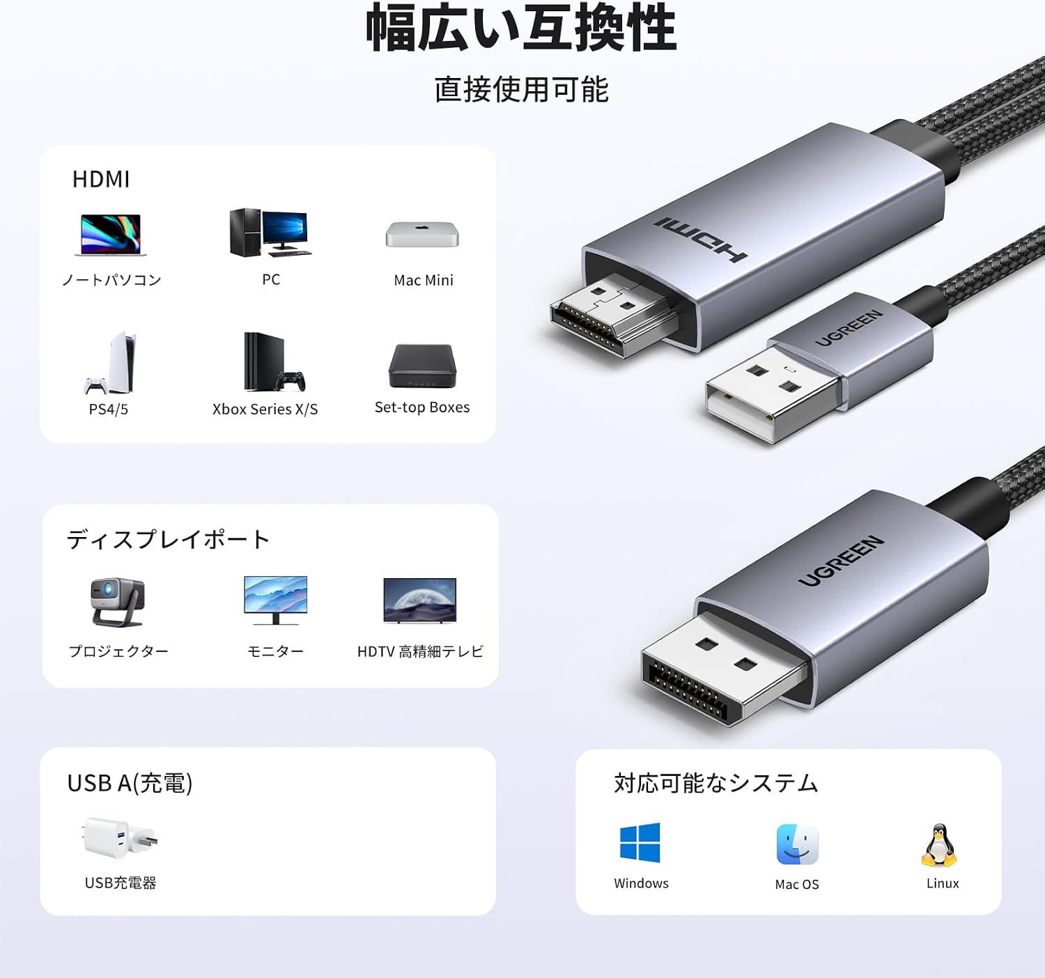 Thumbnail 6 de UGREEN HD169 HDMI to DisplayPort変換ケーブル 4K@60Hz・HDR対応・2m