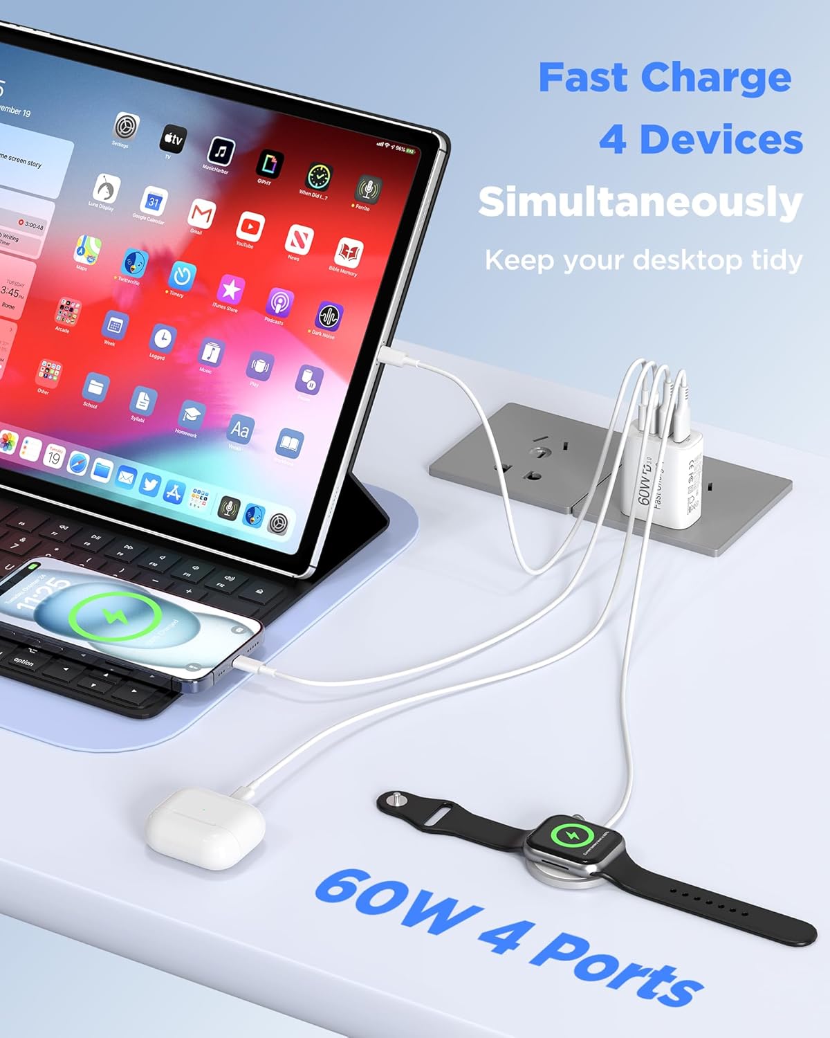 Detalle 2 de 60W USB C Charger, 2-Pack with 10FT Cables — Fast 4-Port Charging Block for iPhone 17 Pro Max and More