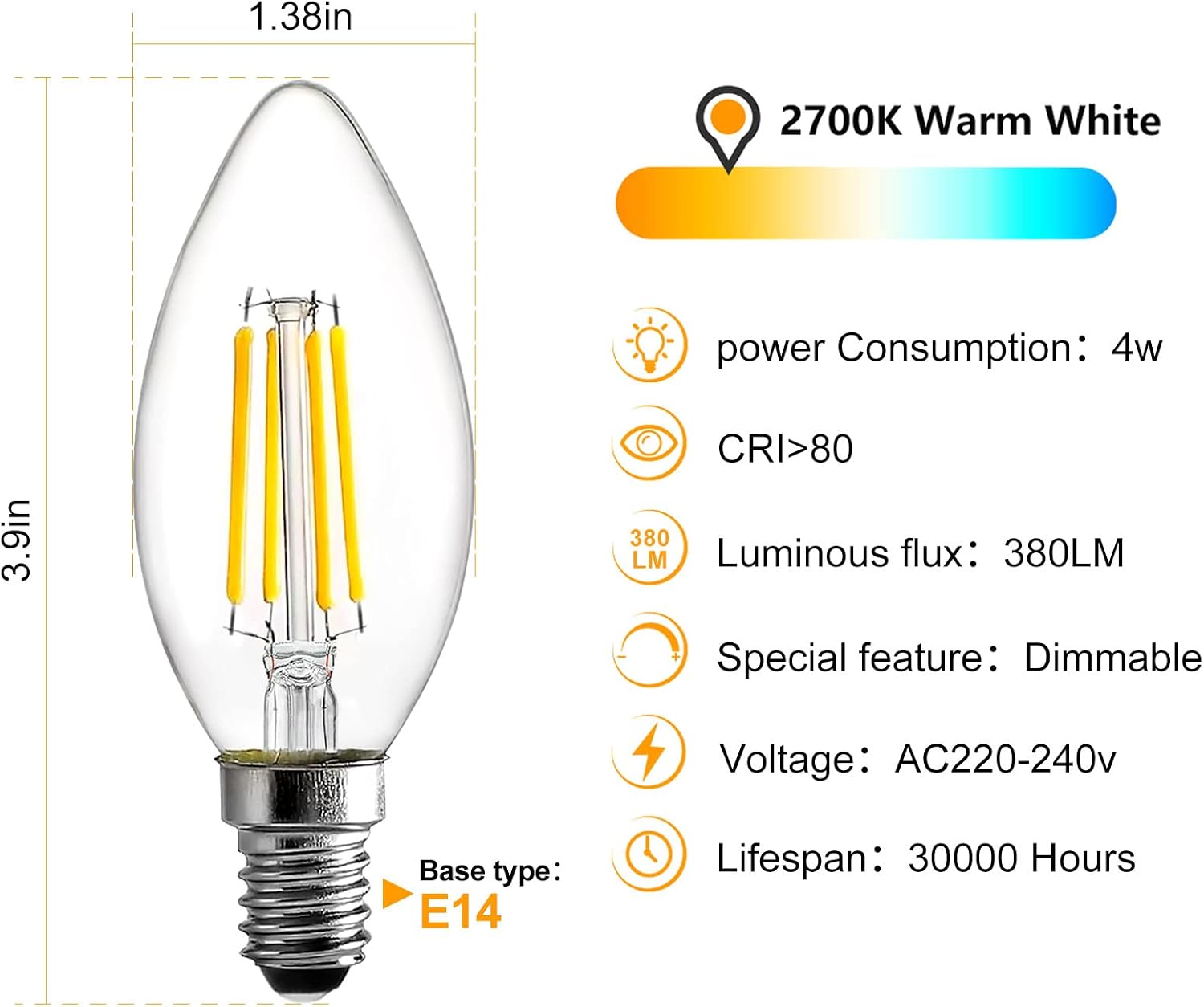 Detalle 2 de BRIMAX E14 LED candle bulbs 4W 10 pack
