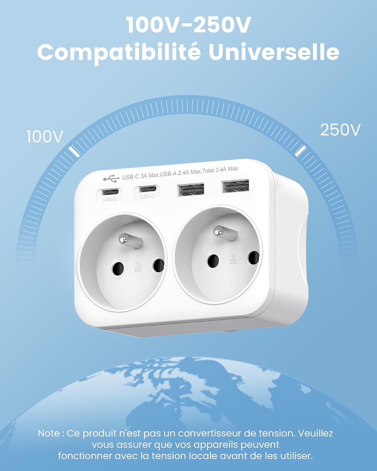 Detalle 1 de LENCENT reisadapter type B met Franse stopcontacten en 2 USB-A- en 2 USB-C-poorten