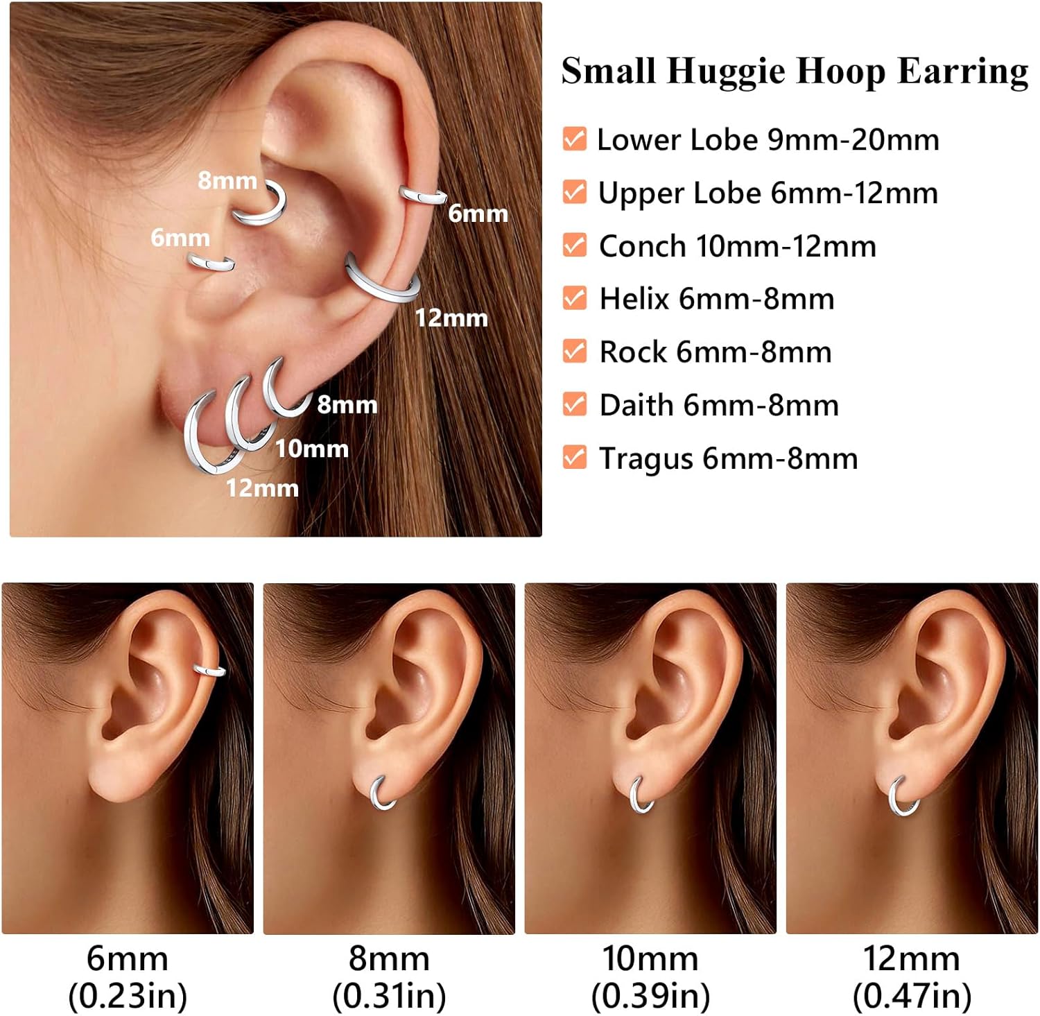Thumbnail 5 de Silvora Petit Créole en Argent 925 Massif – boucles d’oreilles anneau 6–20 mm (argent/noir/plaqué or/rose) pour femme et homme