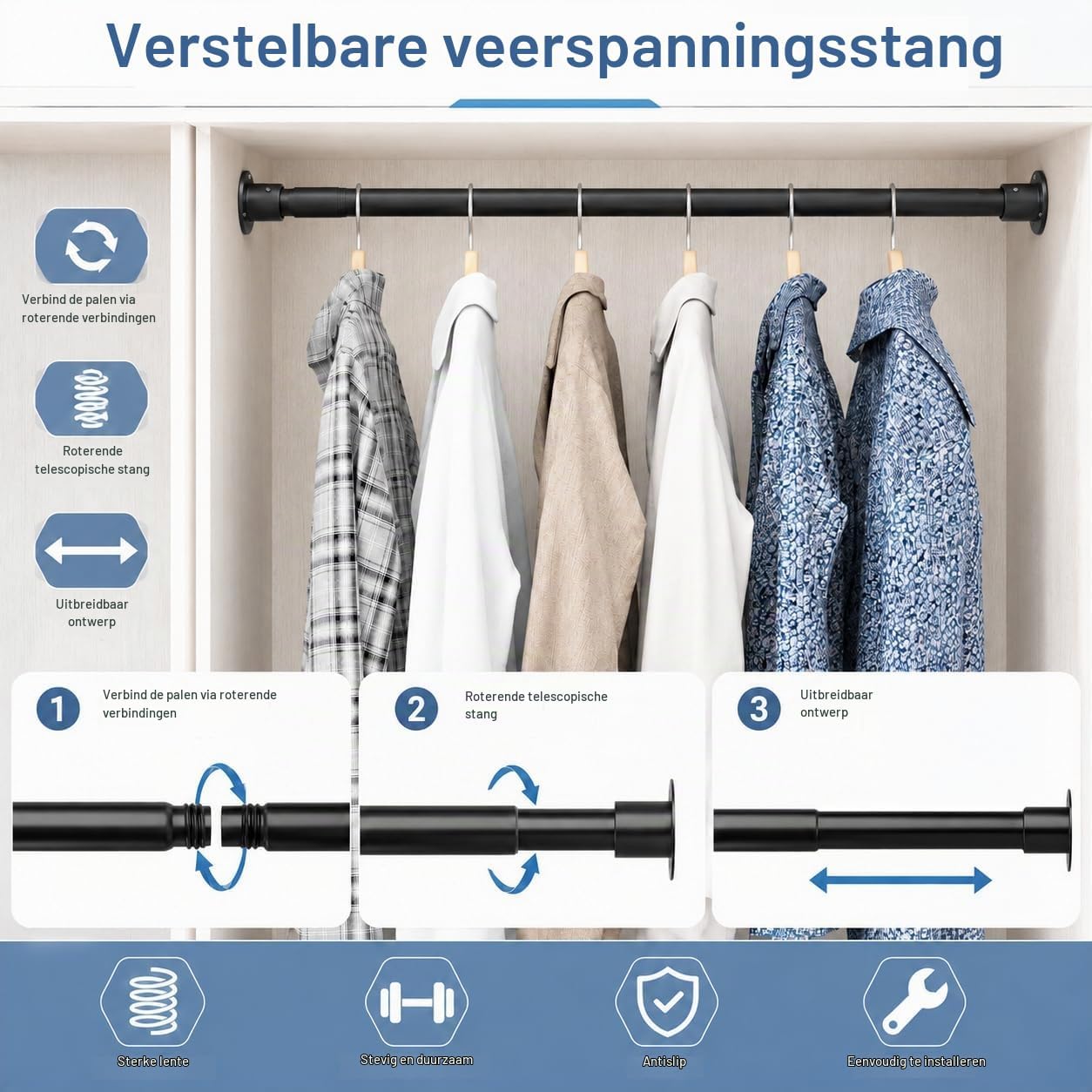 Detalle de GDEVKHN telescopische kledingstang voor wandmontage, wit, 65–90 cm, Ø 32 mm