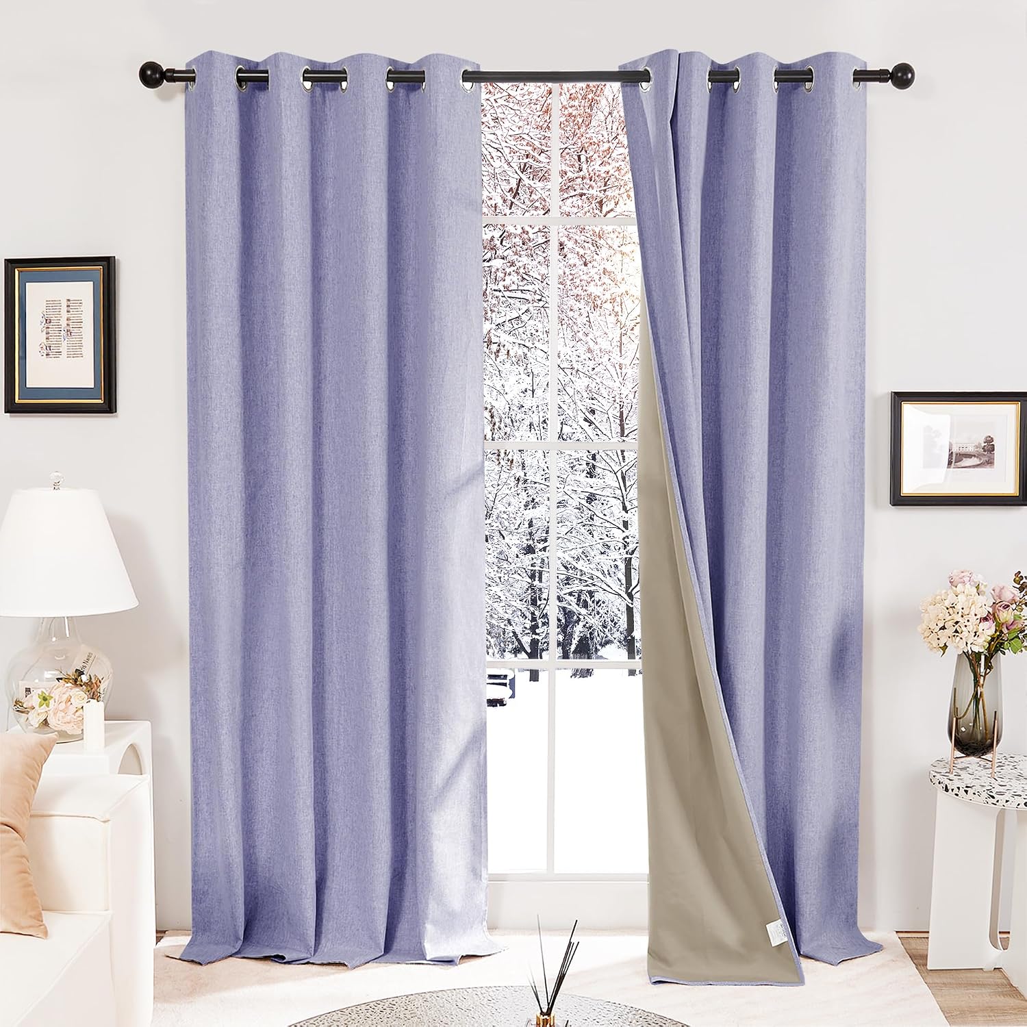 Detalle de Deconovo Total Blackout Faux Linen Eyelet Curtains, Purple (2 panels)