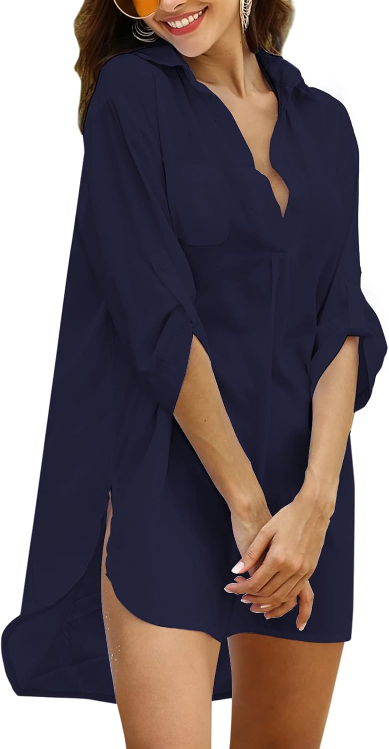 Detalle de UNibelle Robe de Plage Femme Été Boheme – Cover-Up bikini à col en V et manches 3/4 (S-3XL)