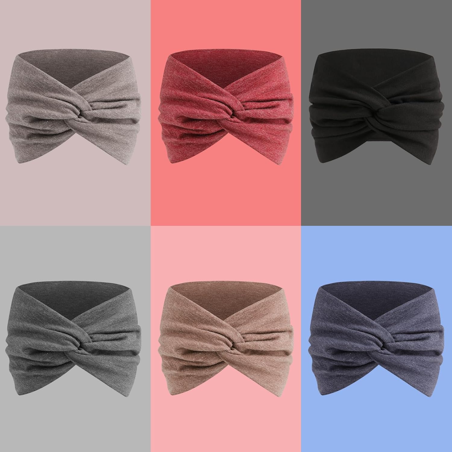 Detalle de Extra Wide 7'' Cotton-Like Turban Headbands (6 Pack) — Non-Slip, Boho Knotted Bandana Wraps