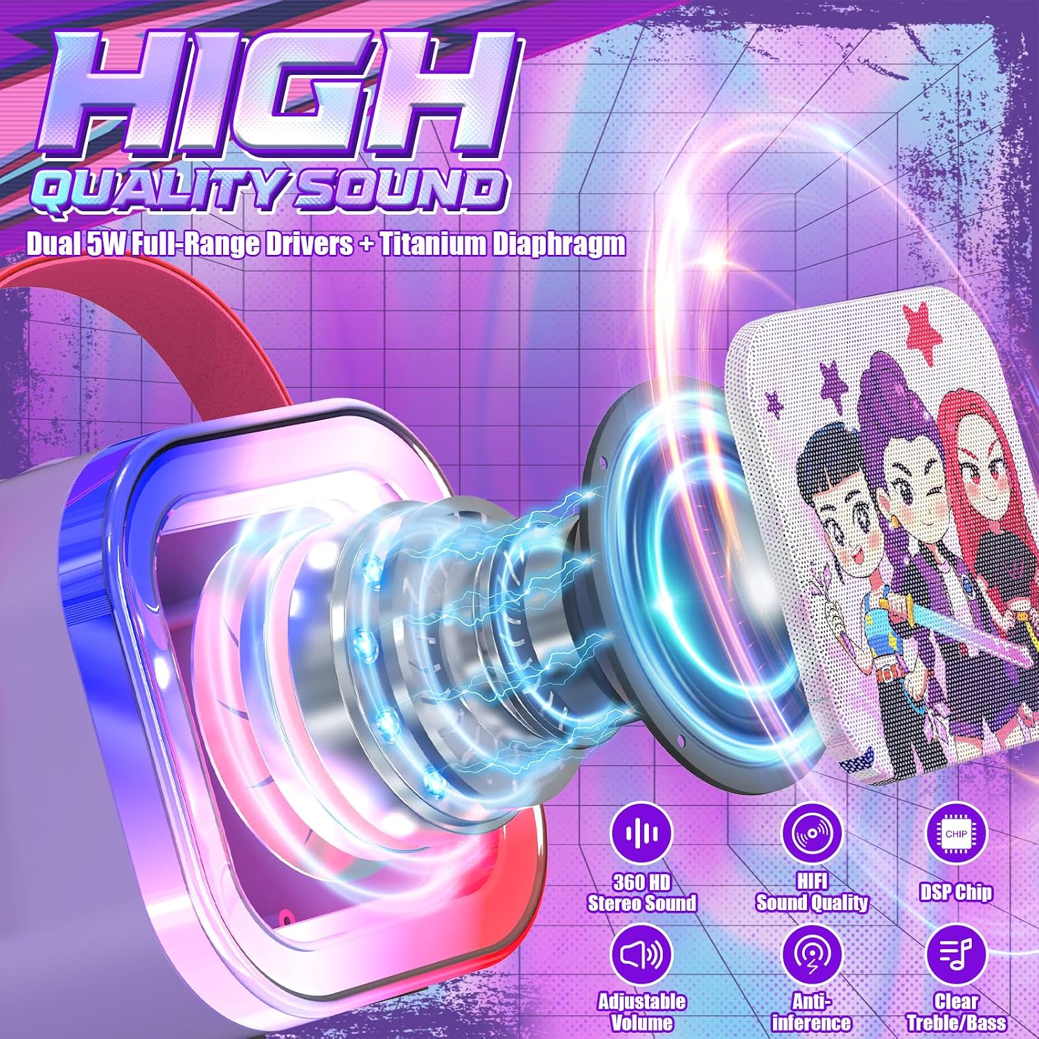 Detalle de Mini Karaoke Machine for Kids (Ages 3–12) with 2 Wireless Mics, 5 Voice Effects, LED Lights, Portable Bluetooth Speaker