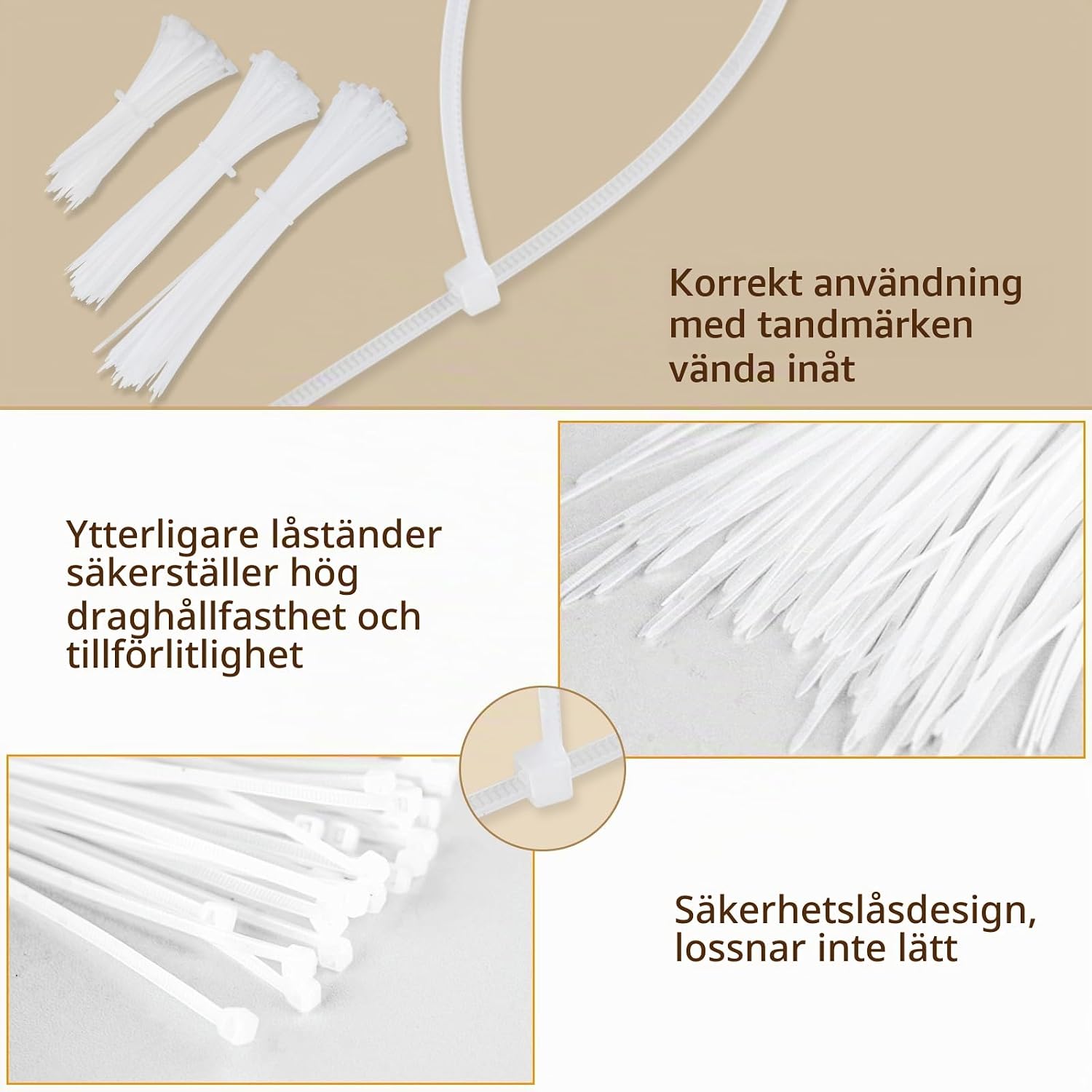 Detalle 1 de Behiruch buntbandsset med 300 vita nylonband i tre längder och självhäftande fästen