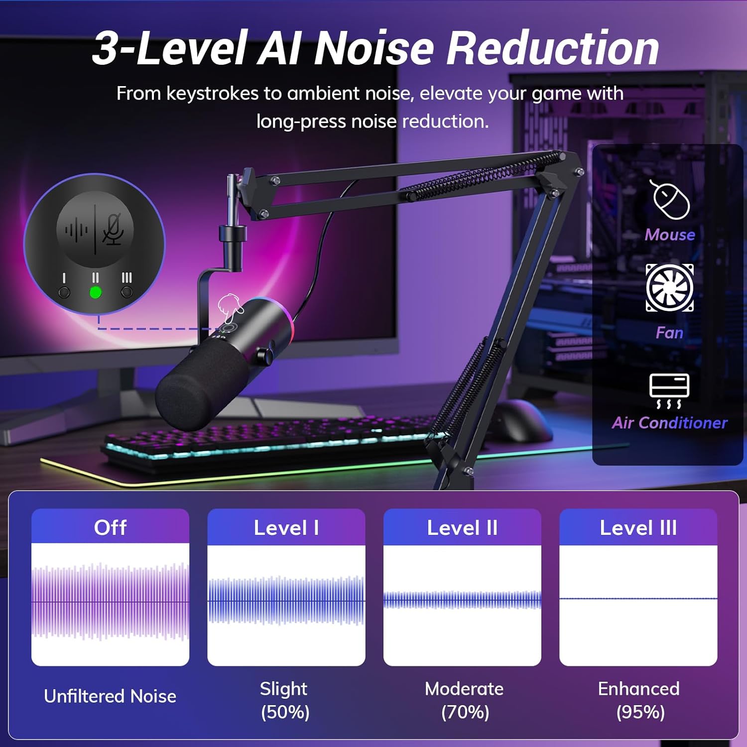 Detalle de TONOR Dynamic Gaming Microphone XLR/USB Mic with AI Noise Cancellation