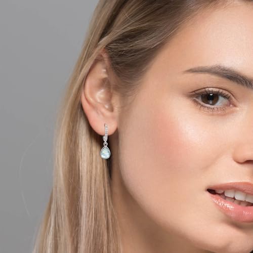Detalle de Weviway Silver Aquamarine Drop Earrings – Teardrop Crystal Hoop with Lever-Back Closure