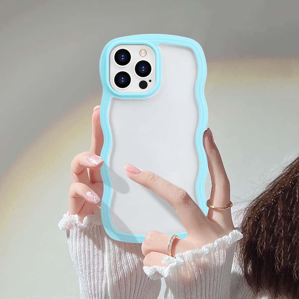 Detalle de UEEBAI iPhone 15 Pro Max Hülle – Transparente TPU-Schutzhülle mit wellenförmigem Rahmen (Blau)