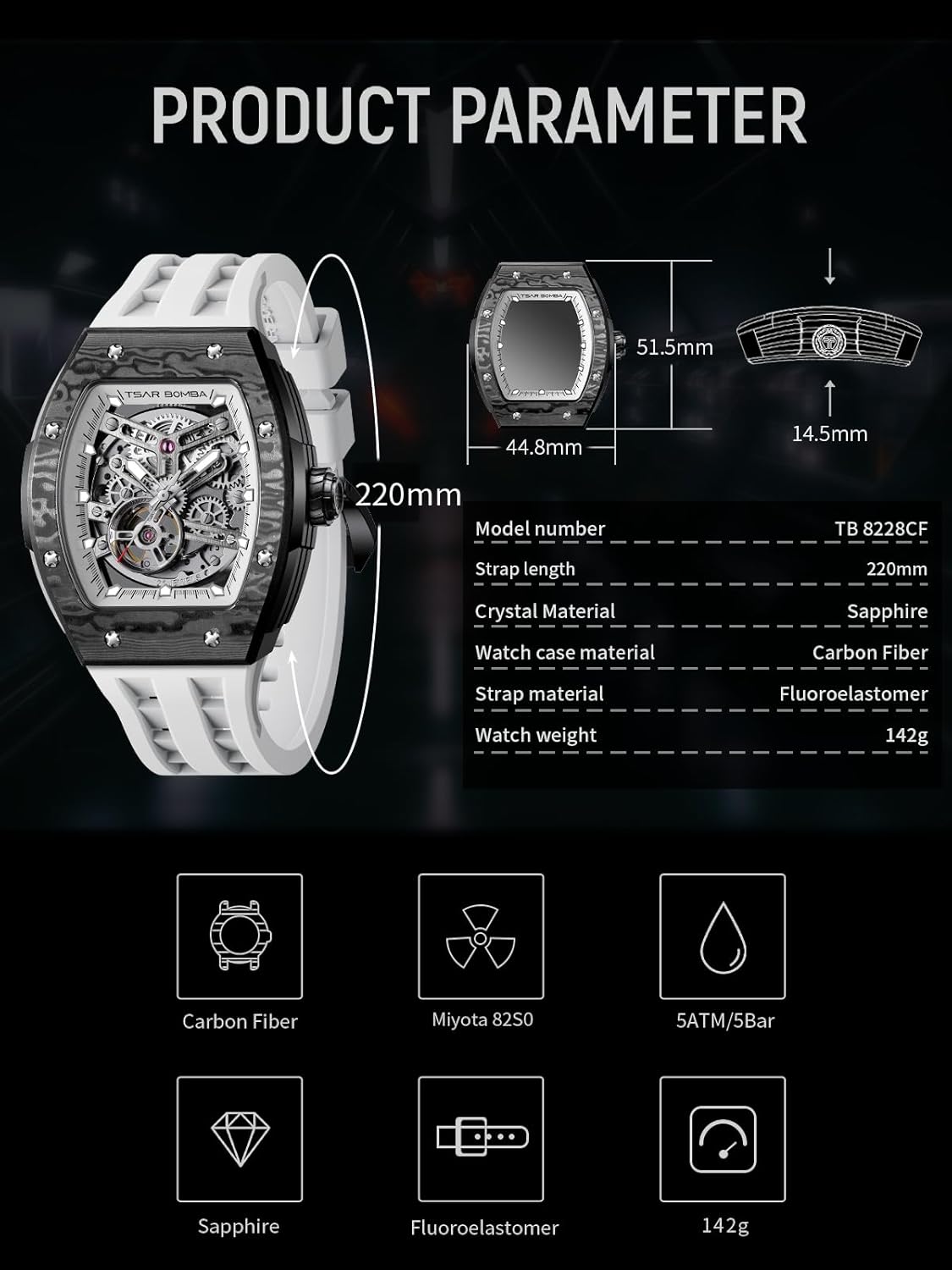 Detalle de Tsar Bomba Montre Automatique pour Homme – Étanche 50 m, Mouvement Japonais 82S0, Boîtier Acier Inoxydable et Verre Saphir