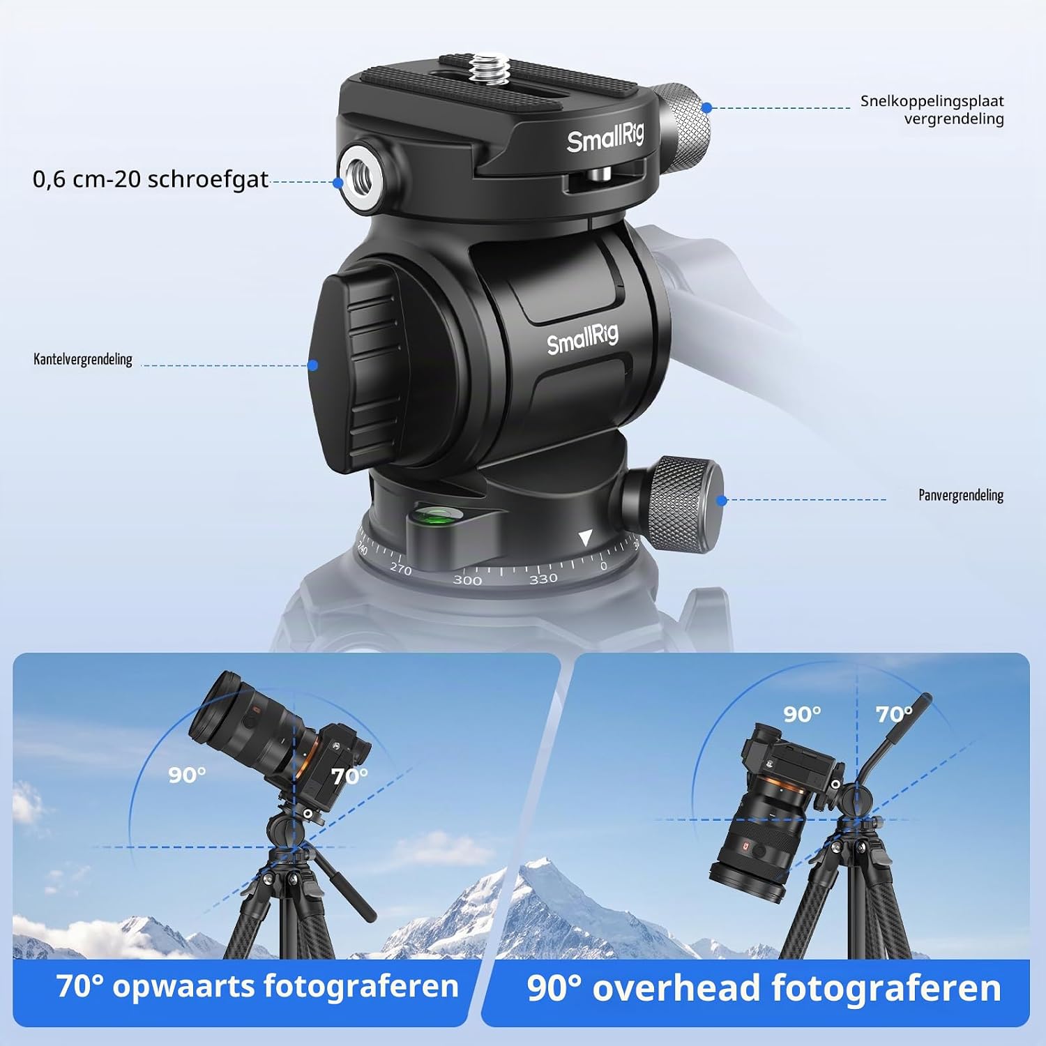 Detalle de SMALLRIG 5877 carbonfiber reisstatief met vloeistofkop en omkeerbare middenkolom